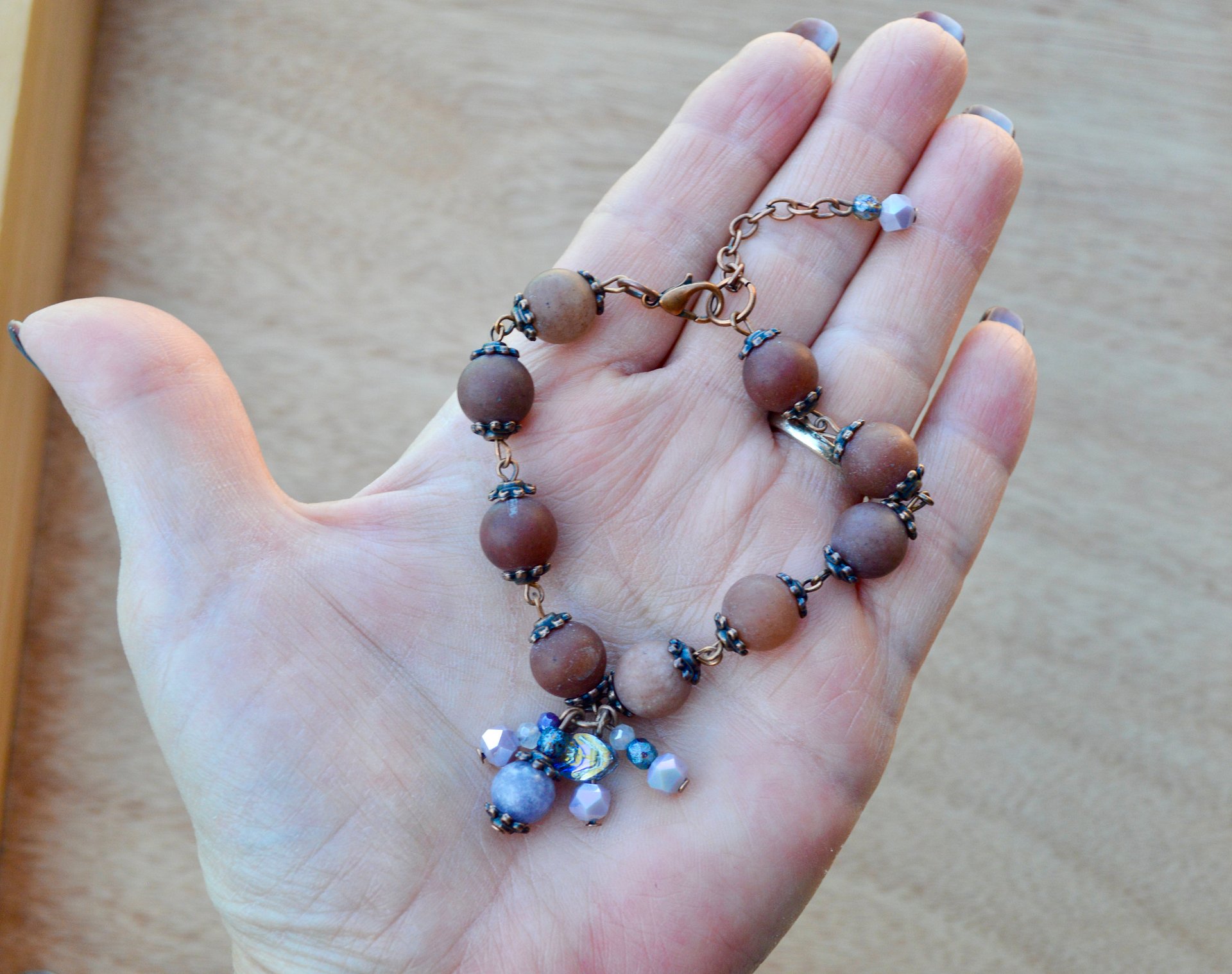 Matte Earthy Brown Agate Gemstone Beaded Bracelet With Purple Crystals product image (3)