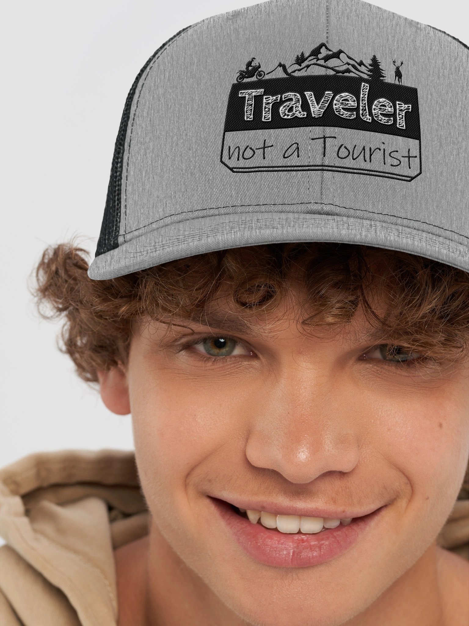 Traveler not a Tourist | Adventure Motorcycle Trucker Hat Embroidered product image (6)