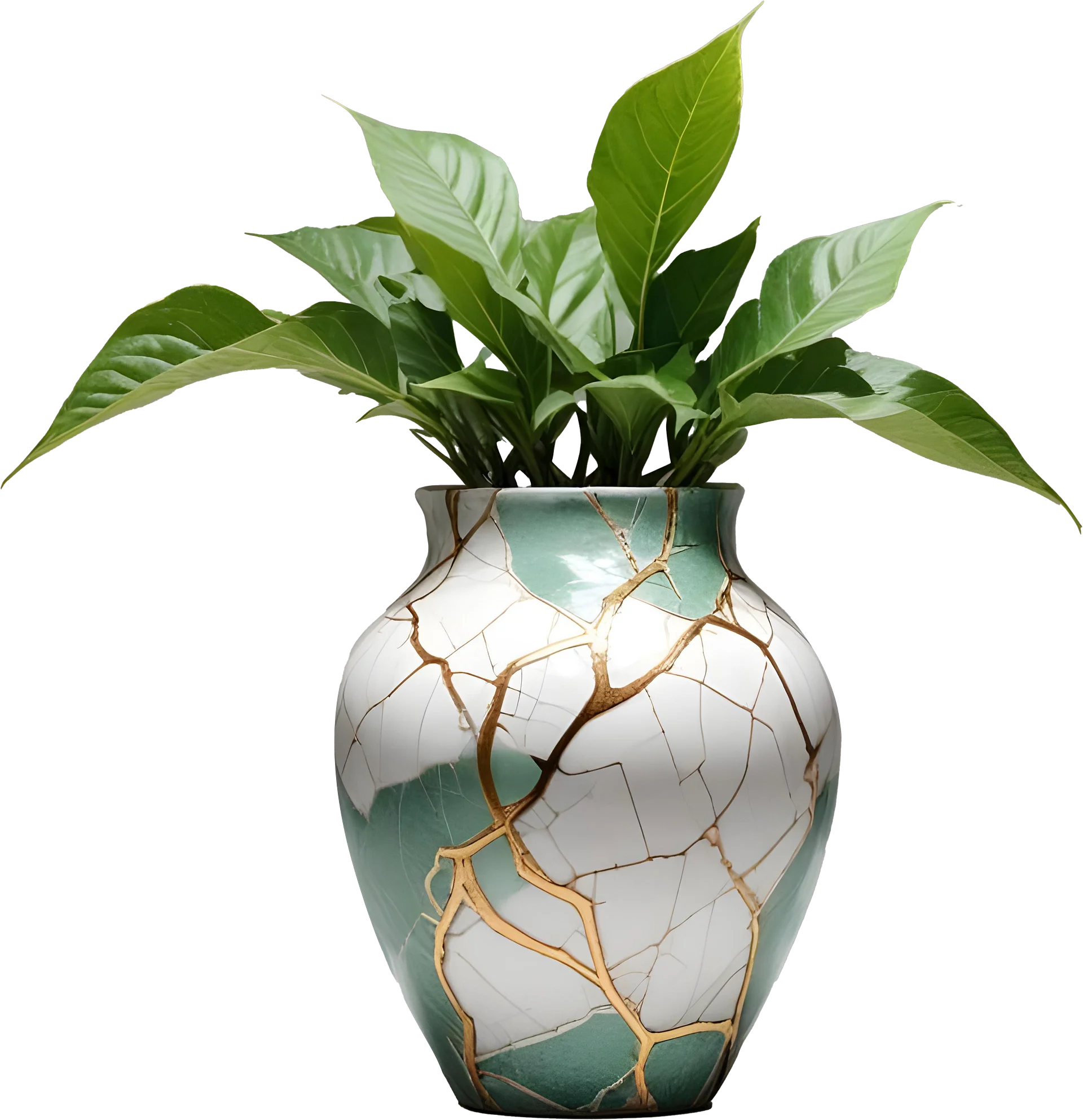 Kintsugi Serenity – Green and White Planter with Golden Cracks PNG product image (1)