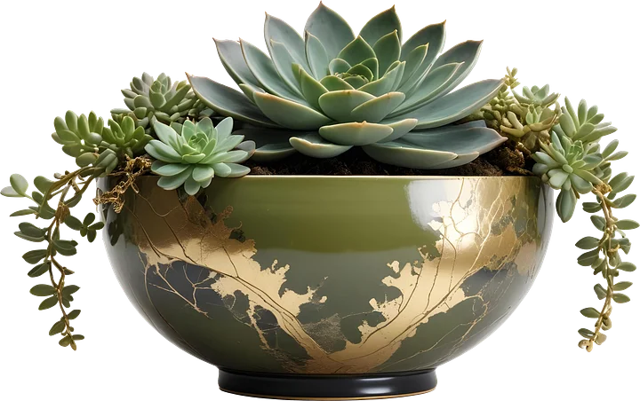 Kintsugi Harmony – Olive Green Planter with Succulents PNG product image (1)