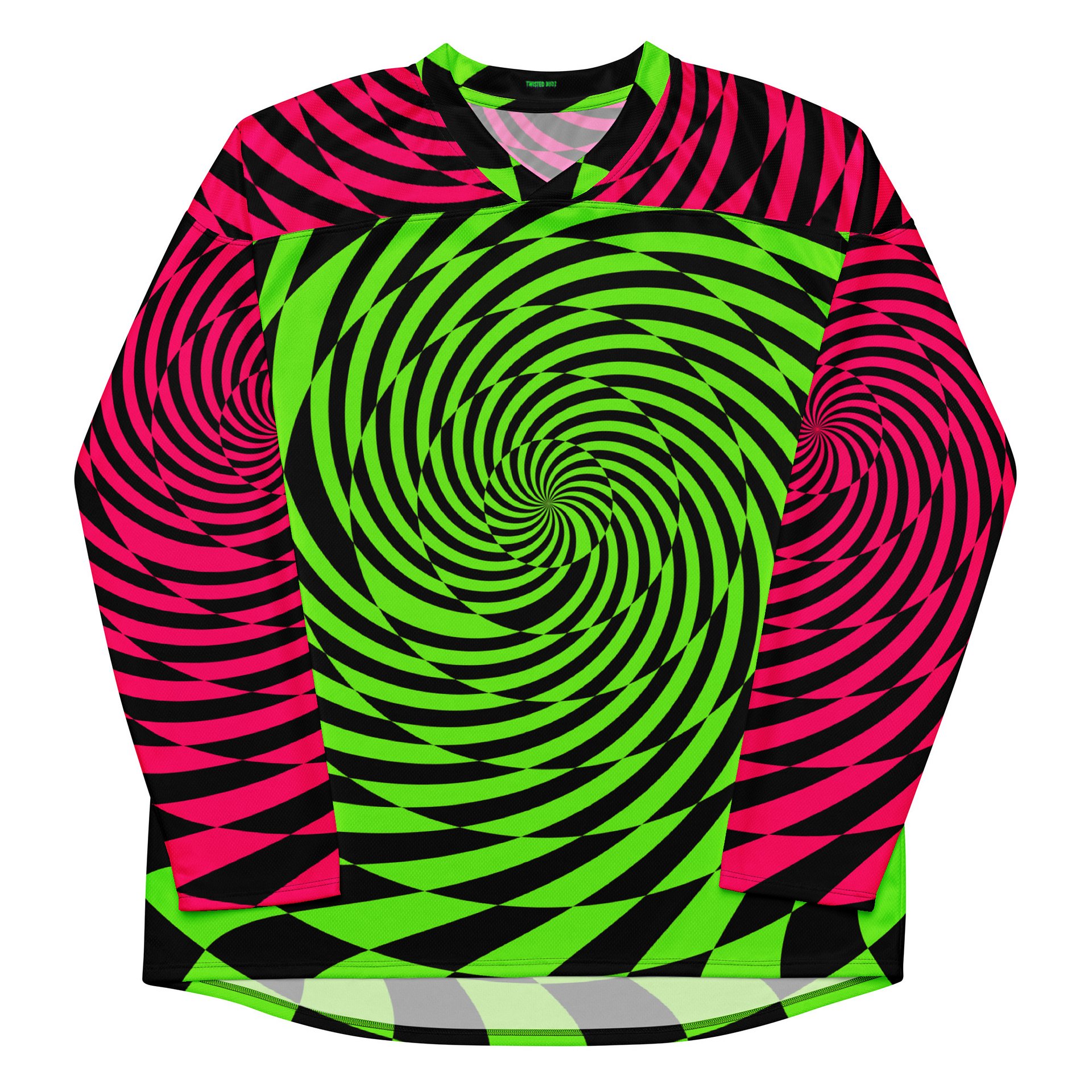 Psychedelic Rave Recycled Hockey Jersey, Trippy Spiral EDM Shirt, Techno Dance Party Festival Top, Neon Green Pink Black Alternative Clothes product image (7)