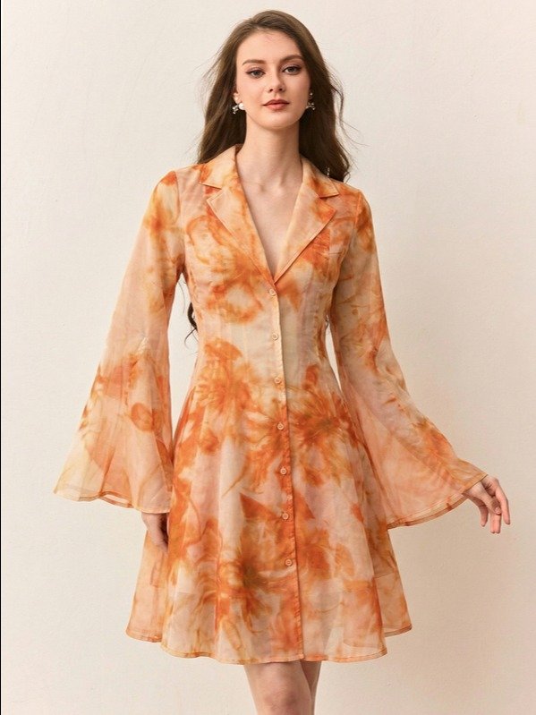 BELROSIE Tie Dye Floral Print Chiffon Collared A-Line Short Dress Dinner Brunch Vacation Garden Party Tea Party Tea Date Birthday Autumn Elegant Romantic product image (4)