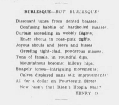 A poem about Burlesque by “Henry O.” from the Brooklyn Eagle, April 14, 1928
