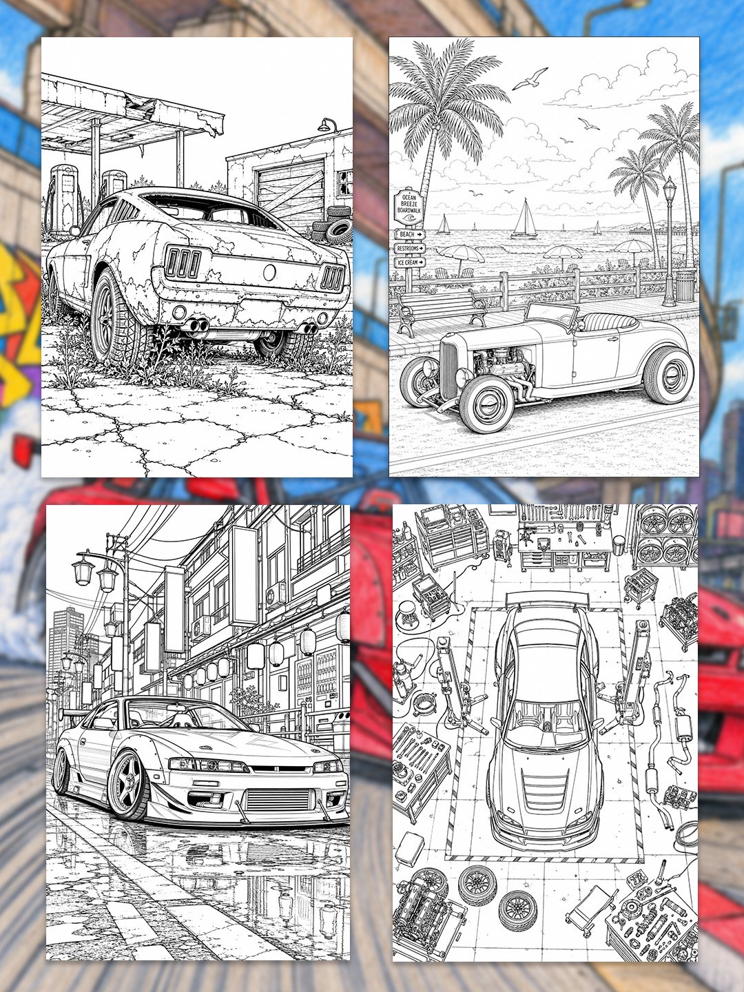 Car Coloring Pages Printable | 110+ Muscle, Drift, Hot Rod & Classic Car Designs | A4 Automotive Coloring Book product image (6)