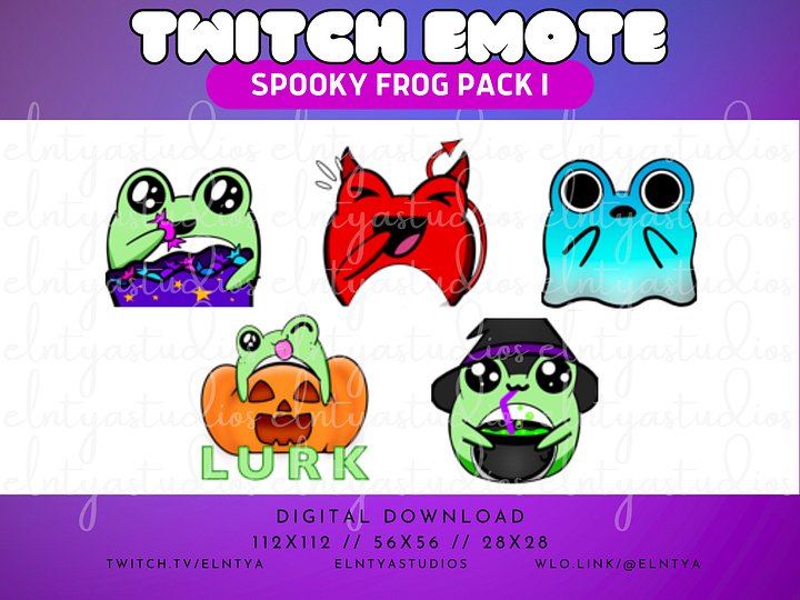 Kawaii Spooky Frog Emote Pack 1 - Halloween; Witch's Brew; Devil LOL/Laugh; Ghost; Pumpkin Lurk; Candy Snack/Snacc Frog product image (1)