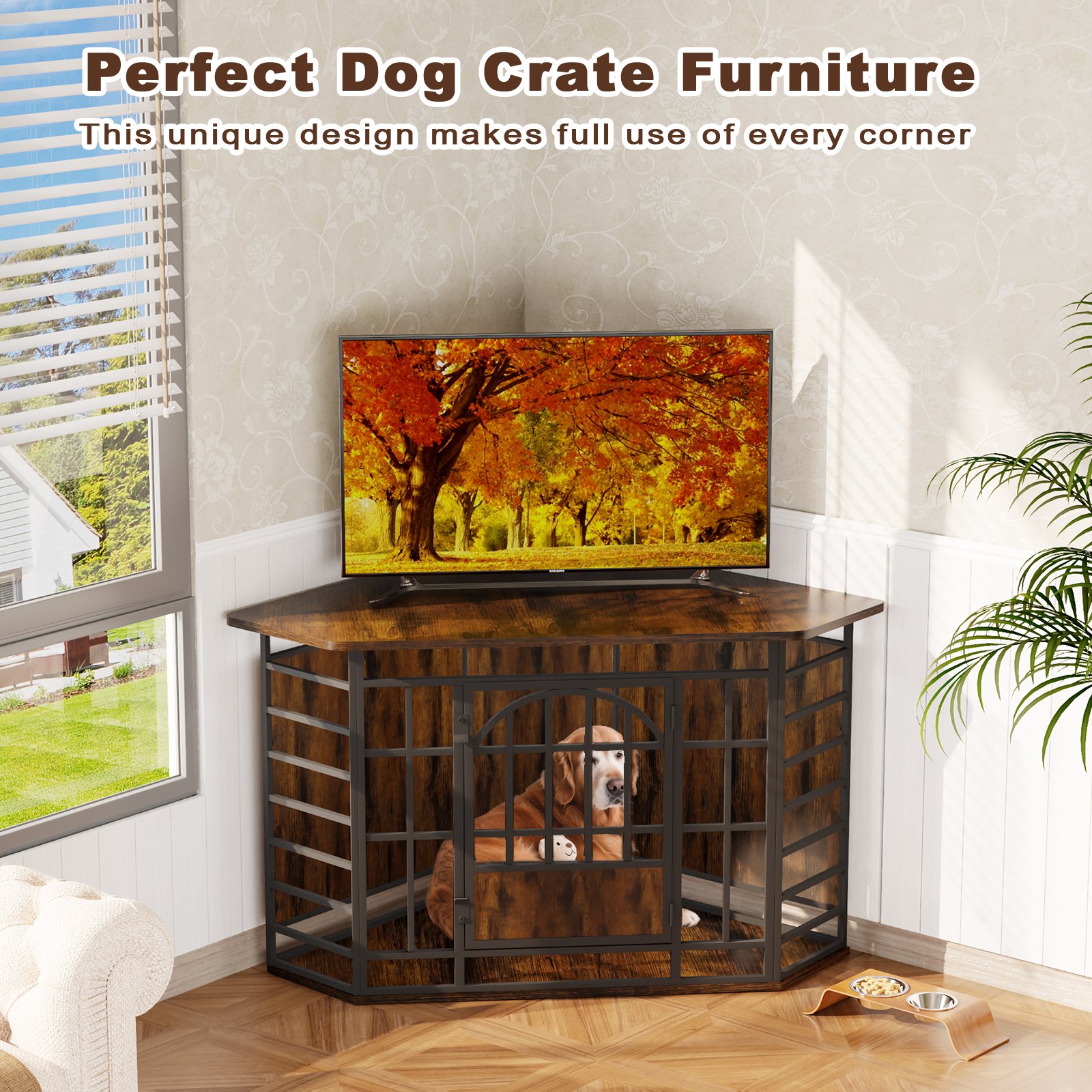 52 inch Corner Dog Crate Wooden Large Dog Kennel Indoor, Large Indoor Dog Crate Decorative Pet House for Medium Large Dogs Vintage Brown product image (5)