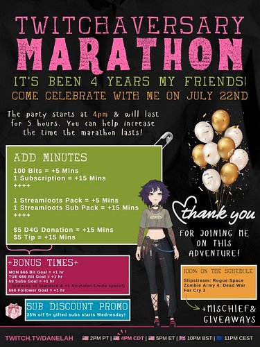 Heyo, it's my 4 yr Twitchaversary and first ever Marathon 💜. Come celebrate with me! (July 22nd at 4pm cdt) #twitchstreamgame...