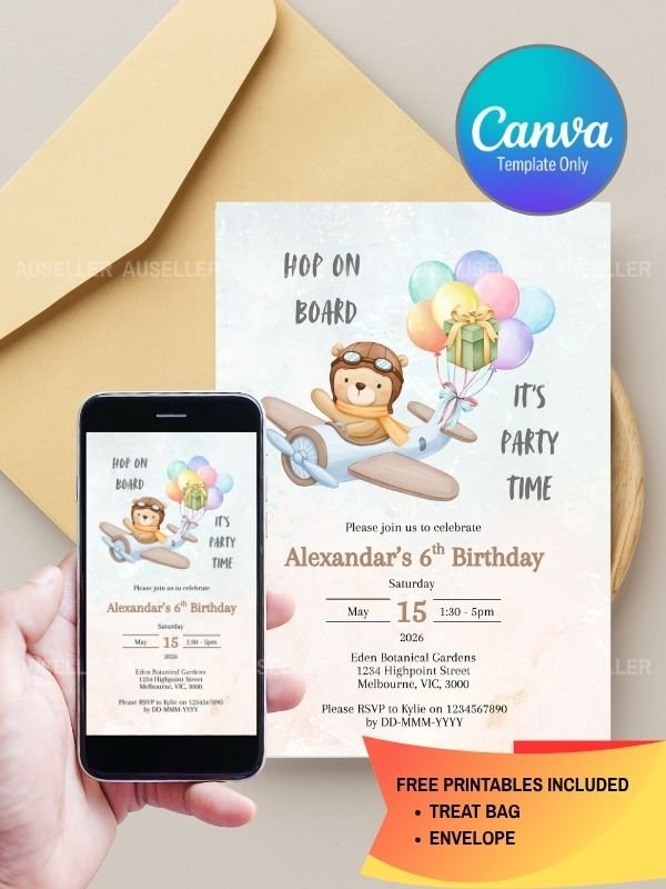 Pilot Teddy Bear Birthday Invitation and Printable Treat Bag and Envelope product image (1)
