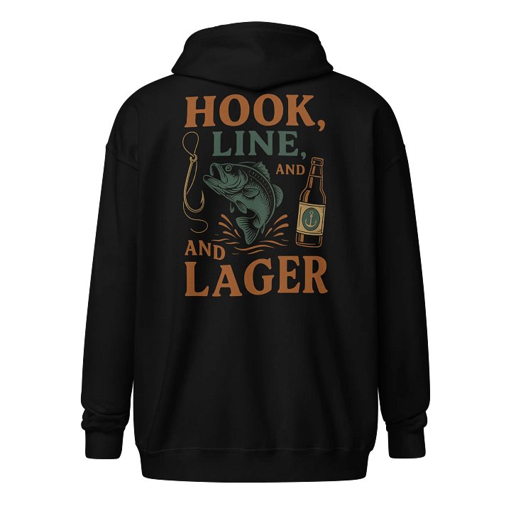 Hook, Line, & Lager Zip Hoodie – Funny Angler Hoodie with Beer & Bass Design product image (1)