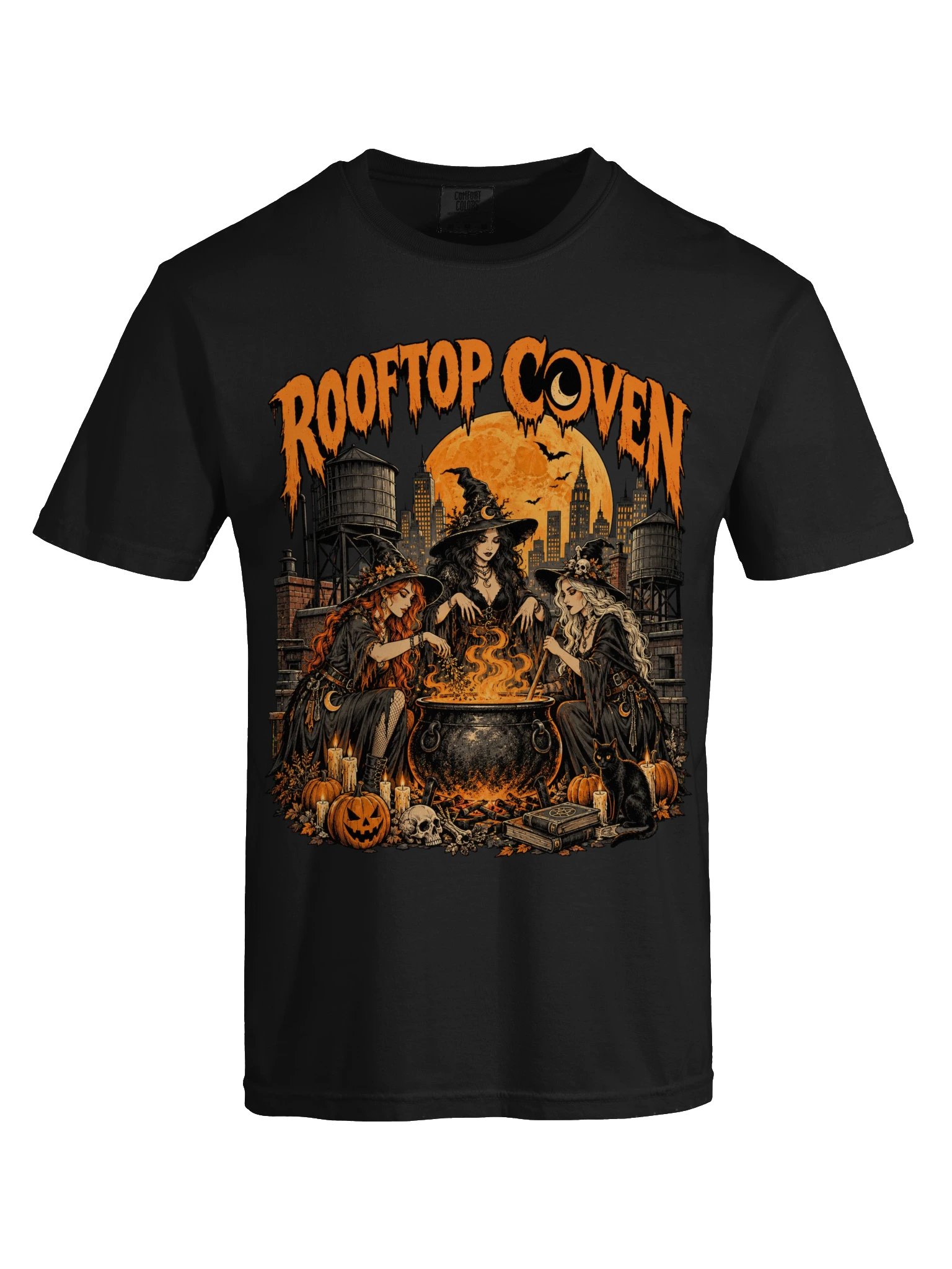 Rooftop Coven — Halloween Witches & Cauldron T-Shirt product image (9)