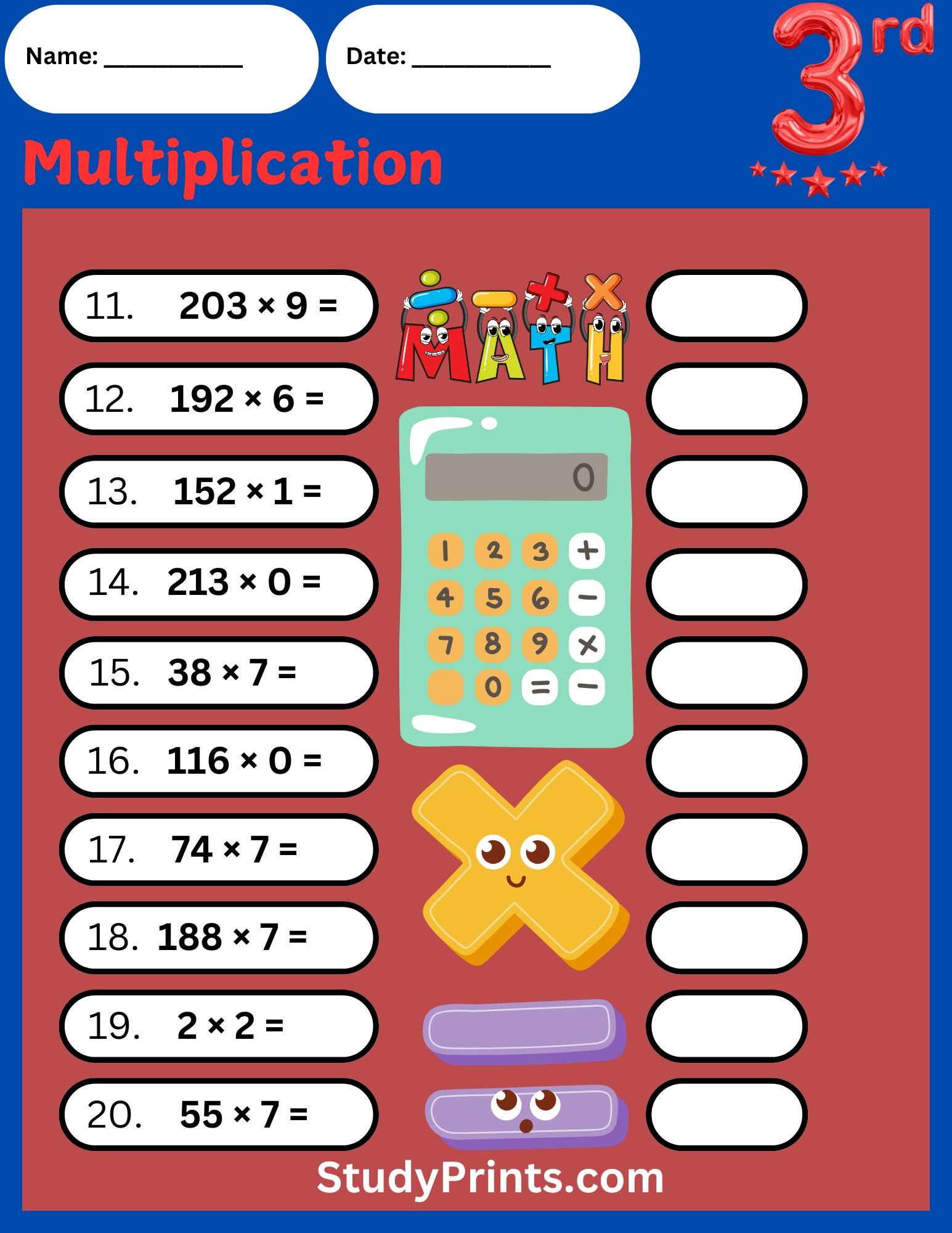 4th Grade Multiplication Worksheet with Answer Key product image (3)