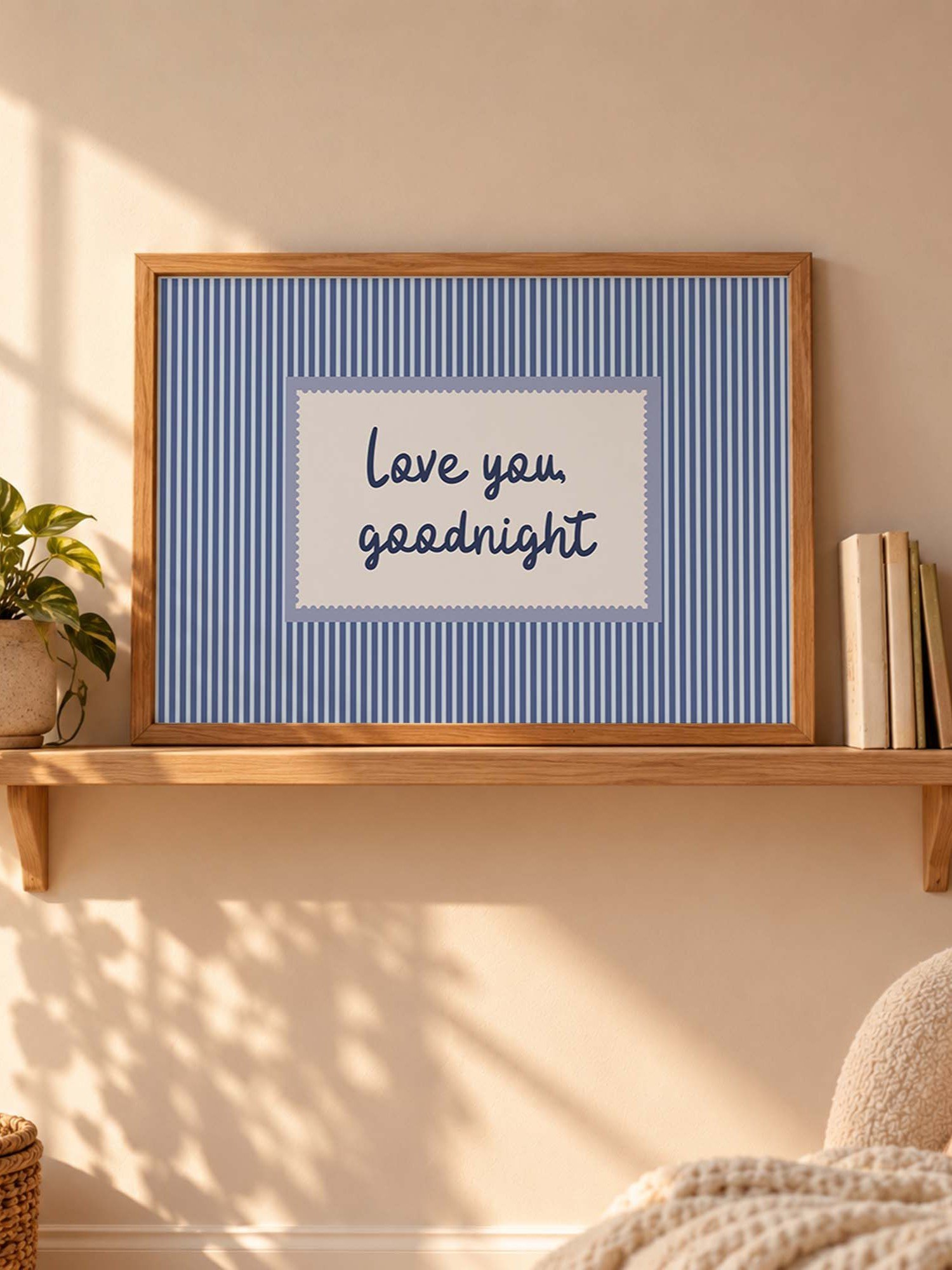 Love You Goodnight Wall Art, Blue Striped Typography Poster, Romantic Bedroom Decor, Horizontal Printable Download product image (5)