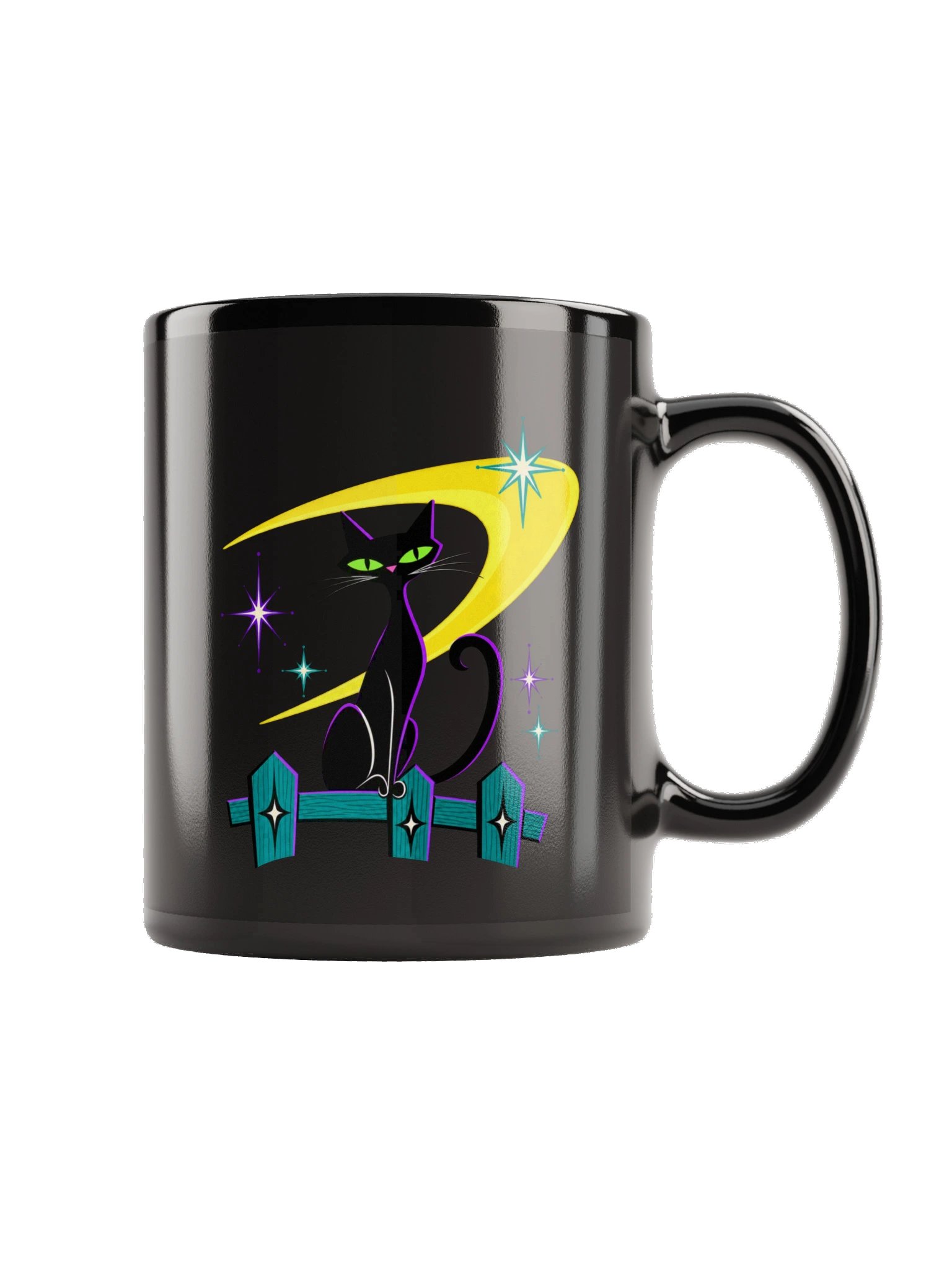 Midnight Atomic Cat – Black Glossy Mug product image (9)