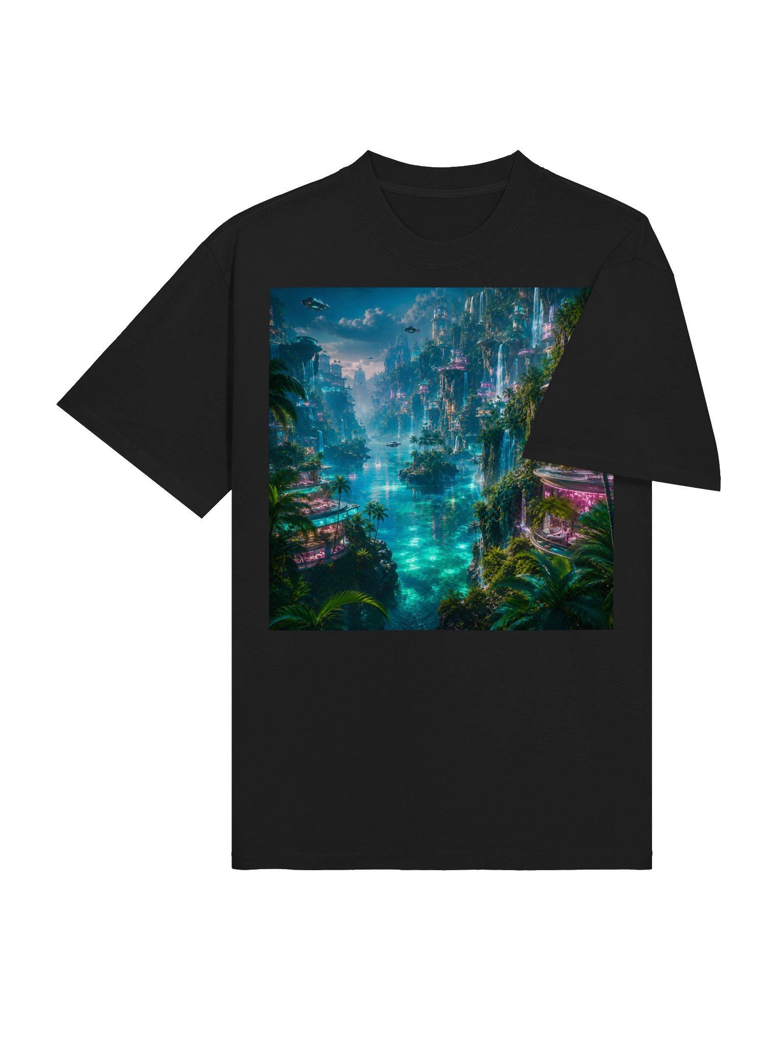 Futuristic Paradise T-Shirt | Unisex Neon Tropical City Tee | Emerald Turquoise Sci-Fi Resort Art product image (5)