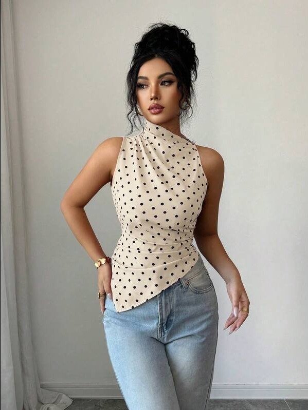 ADLEST Women's Red Polka Dot Fitted Asymmetric Hem Tank Top product image (2)