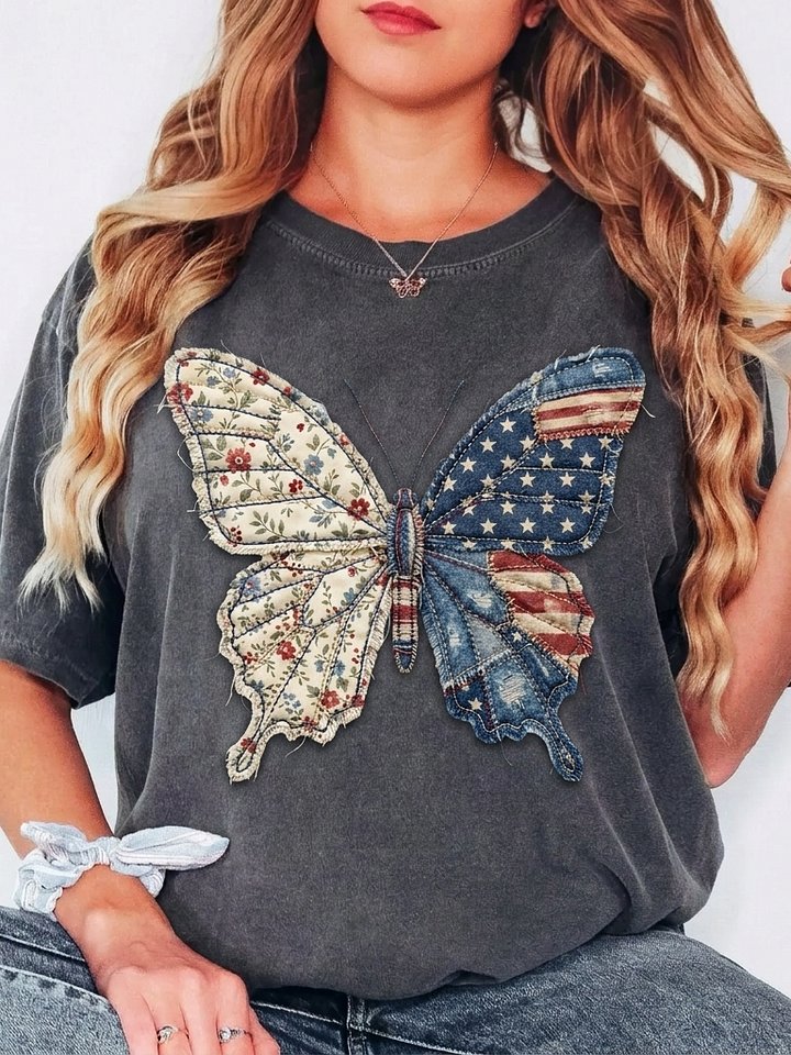 Patriotic Butterfly 4th Of July Tee American Flag Butterfly Floral Graphic Print Only Not a Patch T Shirt product image (1)