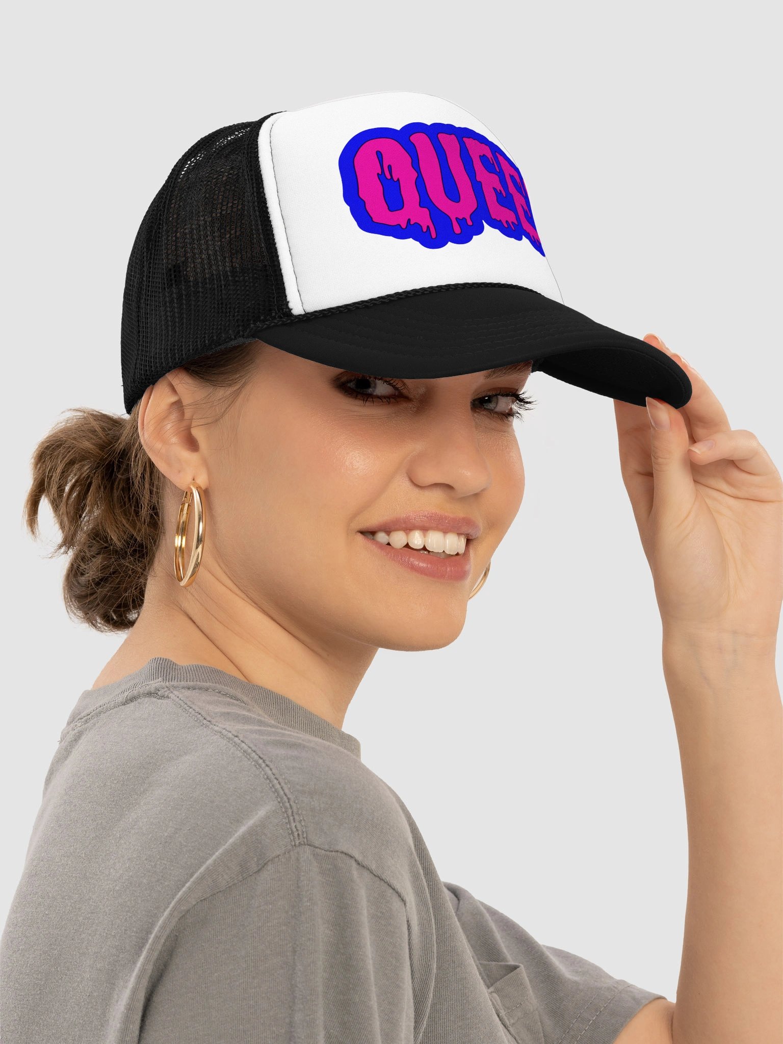 Queer Pride Trucker Cap, LGBTQIA+ Art Festival Fashion, Rad Retro Style Hat, Hot Pink Blue Cotton Candy Color Creepy Dripping Design product image (7)