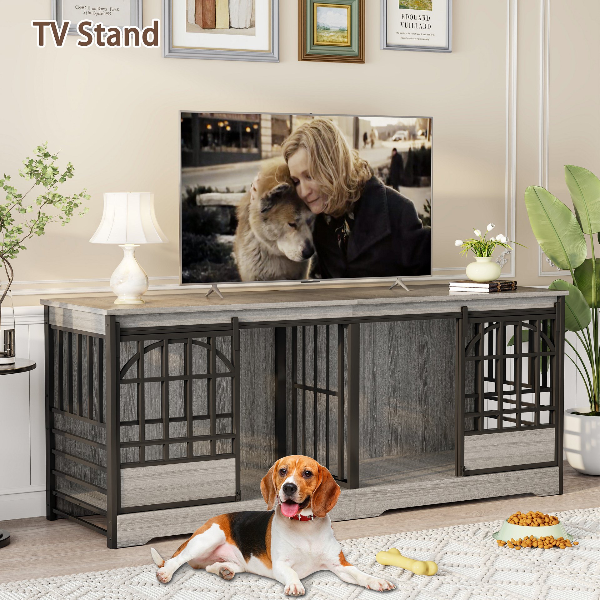 78 Inch Double Dog Crate Furniture, Extra Large Dog Kennel Indoor with Divider, Heavy Duty Dog Cage for 2 Dogs, Decorative Wooden Dog House Decorative Table TV Stand, Pet House for XLarge Dogs,Grey product image (10)