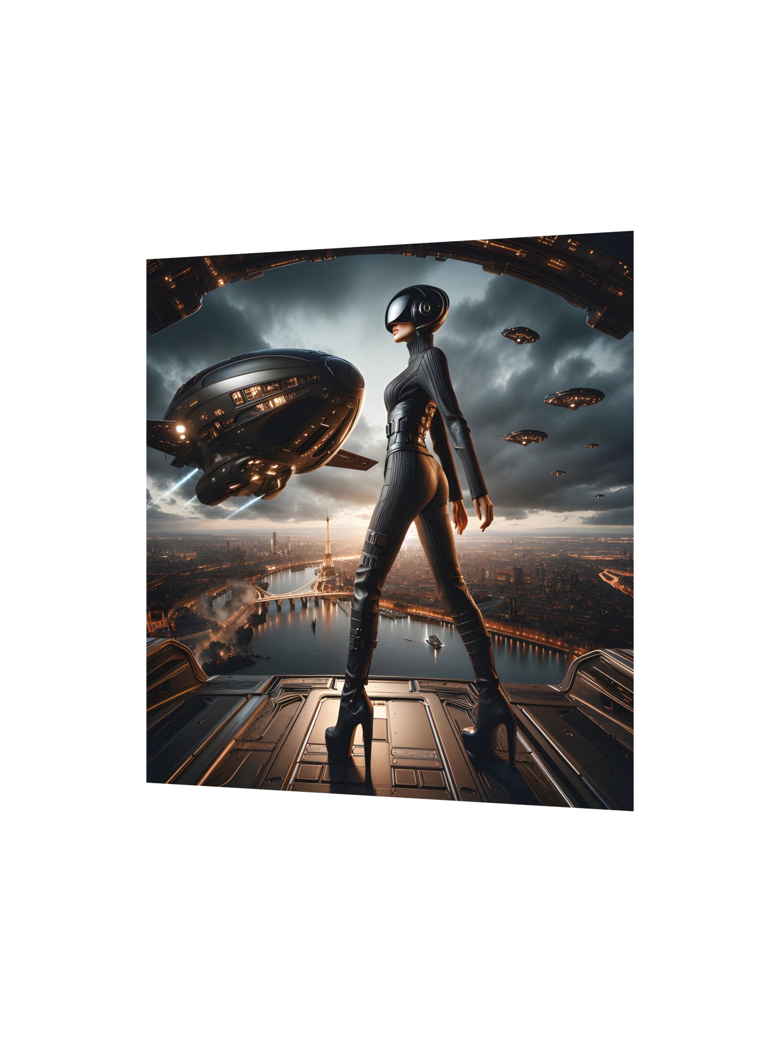 Cyberpunk Paris Art Print | Futuristic Woman Over Eiffel Tower | Sci-Fi Wall Decor product image (3)