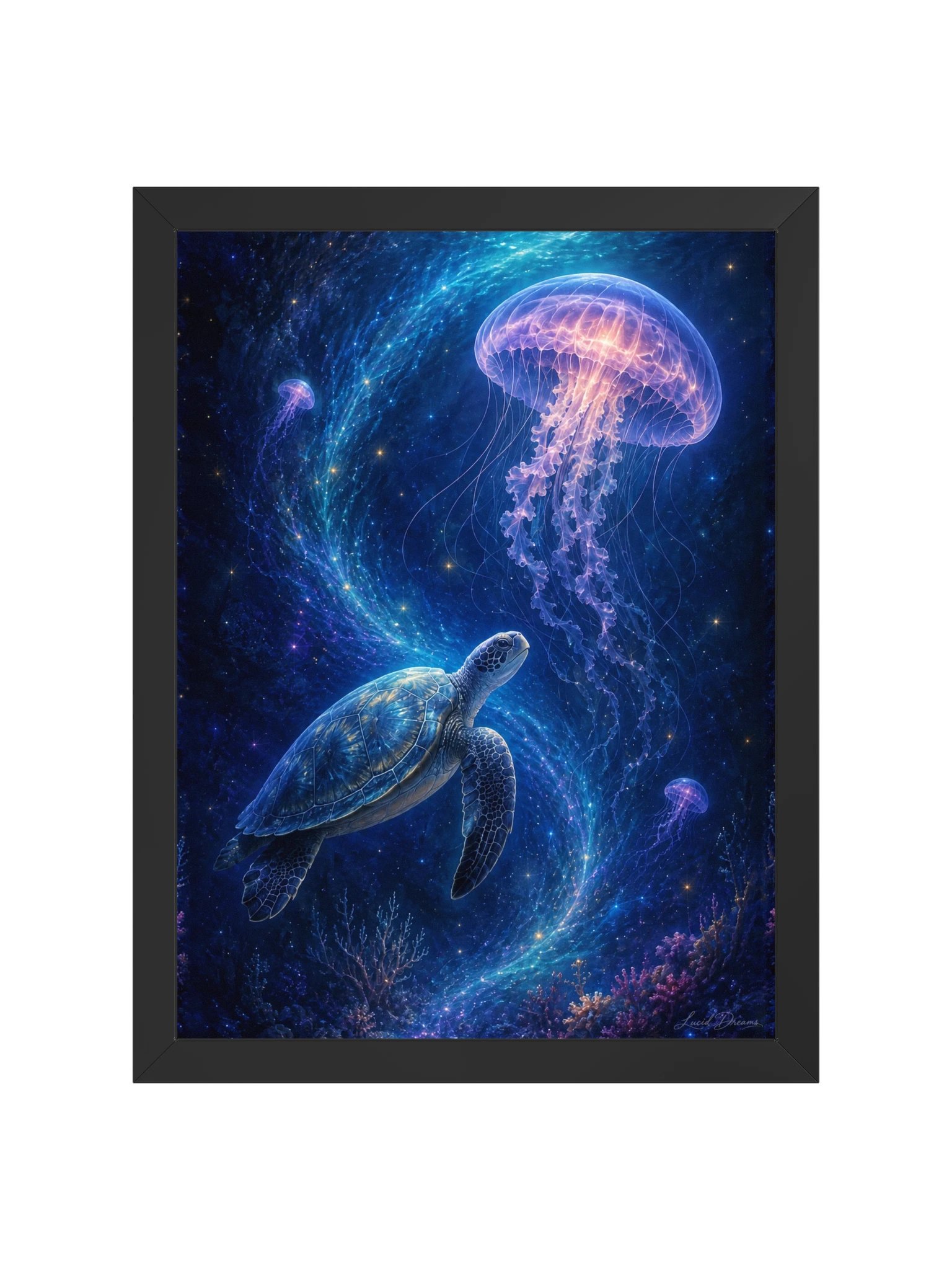Sea Turtle & Jellyfish Framed Art Print — The Current That Remembered Her product image (5)