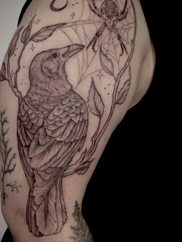 Who’s ready for spooky season? I’m reading to ditch the shorts for a cozy sweater 🎃 

This tattoo features a curious raven an...