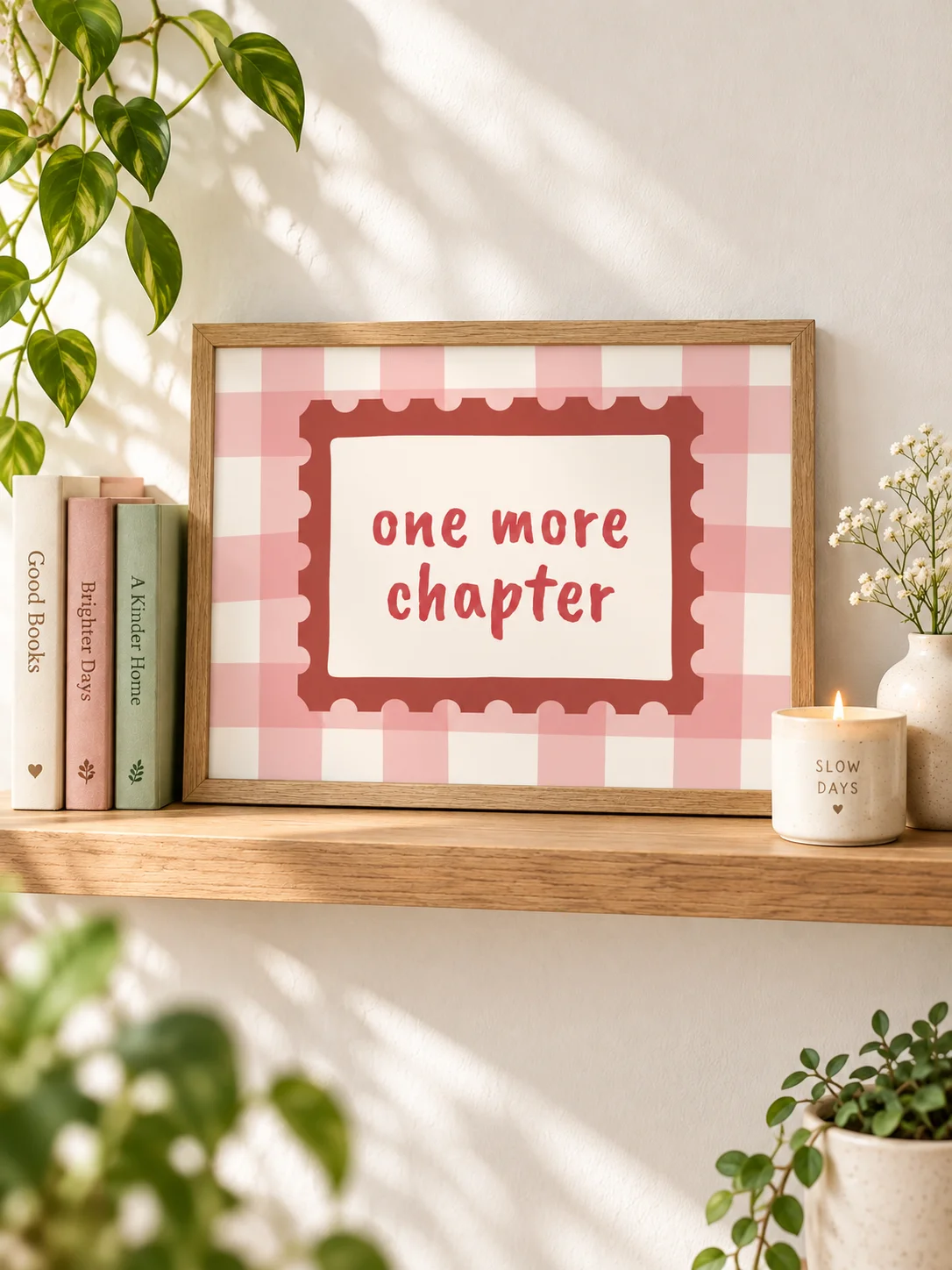 One More Chapter Print | Book Lover Decor | Pink Gingham Reading Nook | Literary Quote Poster | Cozy Library Digital Download product image (1)