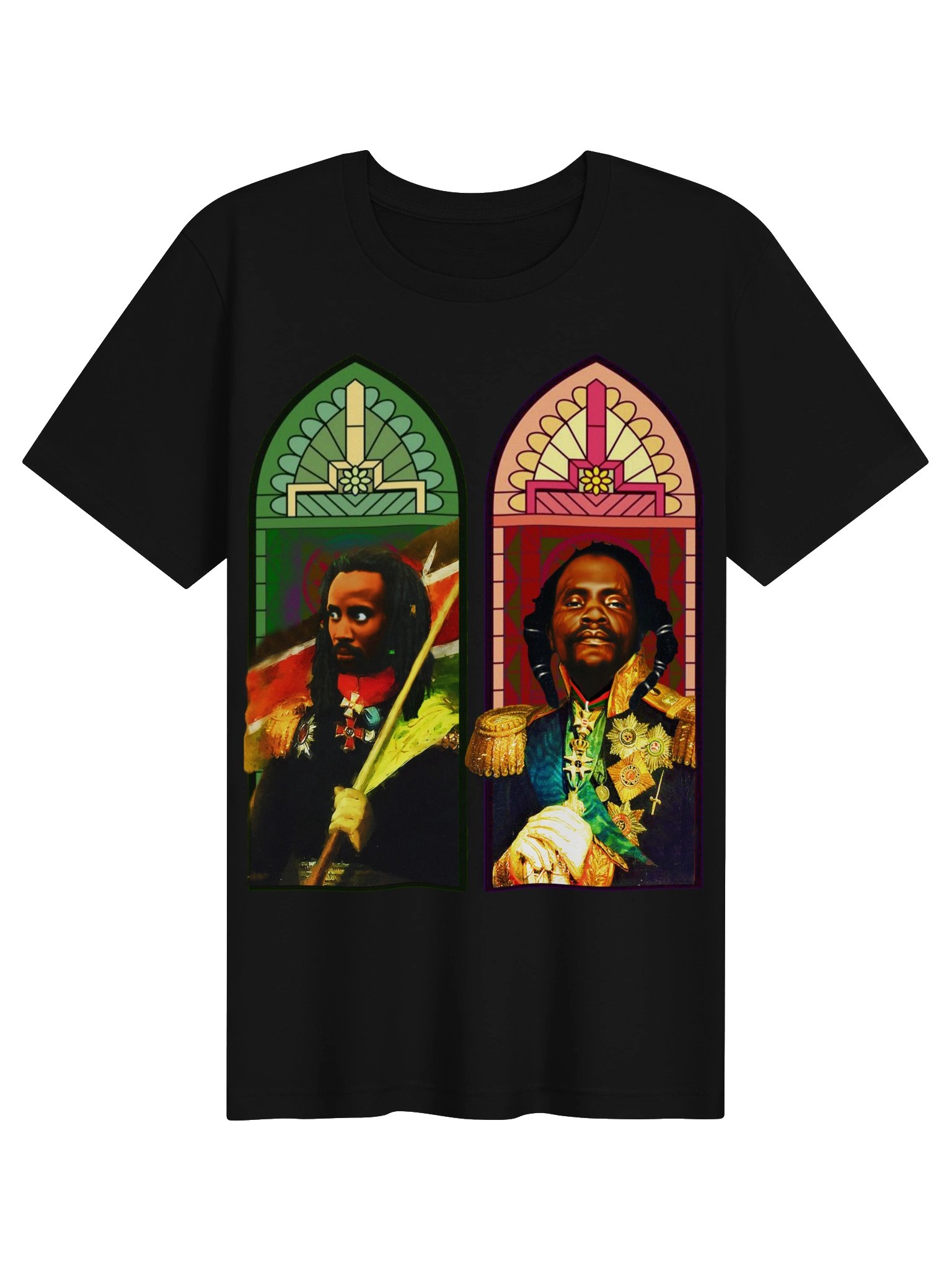 Dedan Kimathi & Musa Mwariama Stained Glass Tee – Mau Mau Freedom Fighters Pan-African Cathedral Art | Kenya History T-Shirt product image (4)
