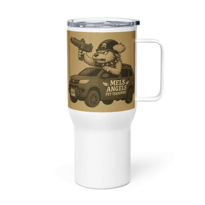 Dog Tank Travel Mug with Handle — Mel’s Angels Pet Transport Insulated Coffee Tumbler (25oz & 40oz) product image (4)