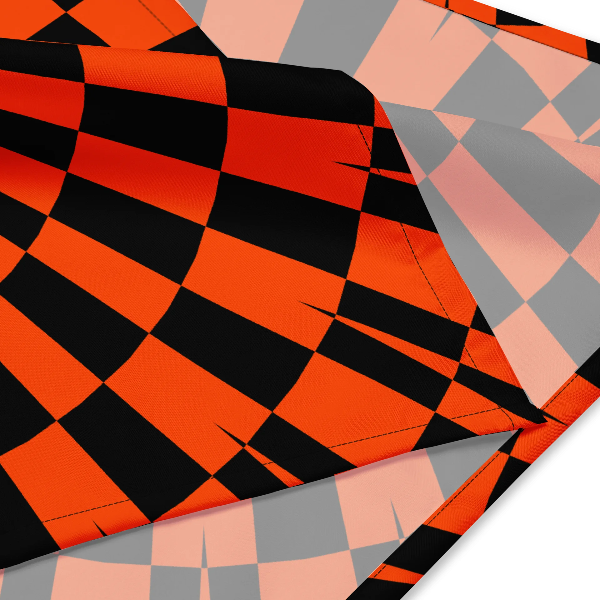 Black Orange Halloween Bandana, Psychedelic Spiral Rave Wear, Checkers Illusion Art Trippy EDM Accessory, Odd Autumn Festival Fashion product image (2)