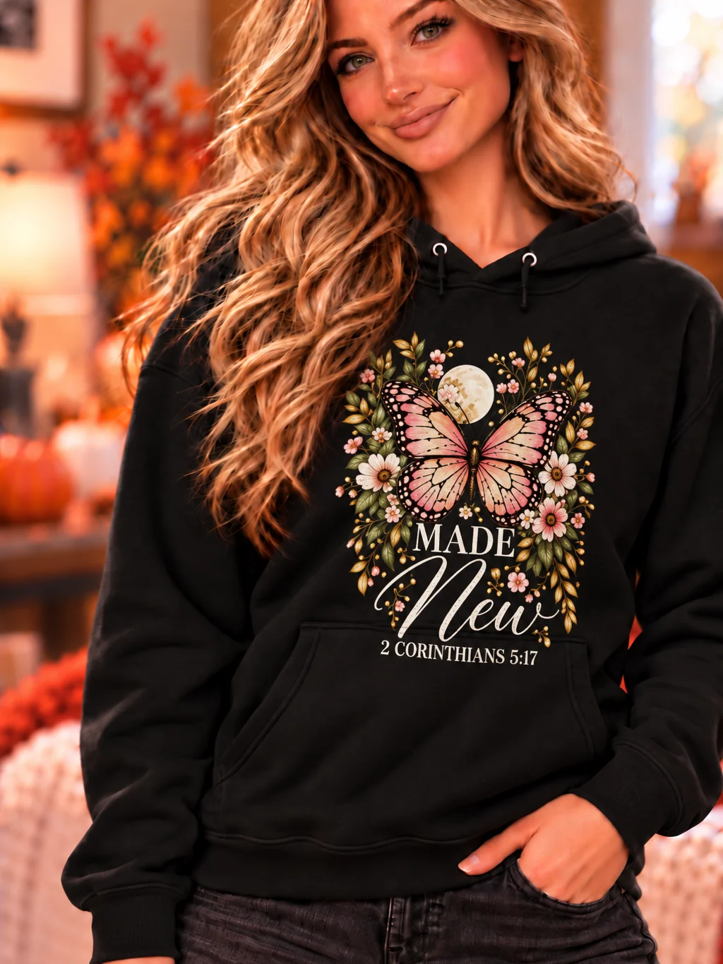 Made New Christian Hoodie – Butterfly Floral Faith Design | 2 Corinthians 5:17 product image (2)