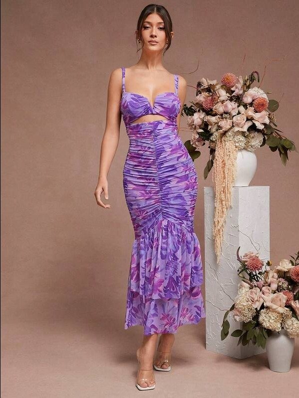 Floral Ruched Mermaid Hem With Cutout Details Dress product image (1)