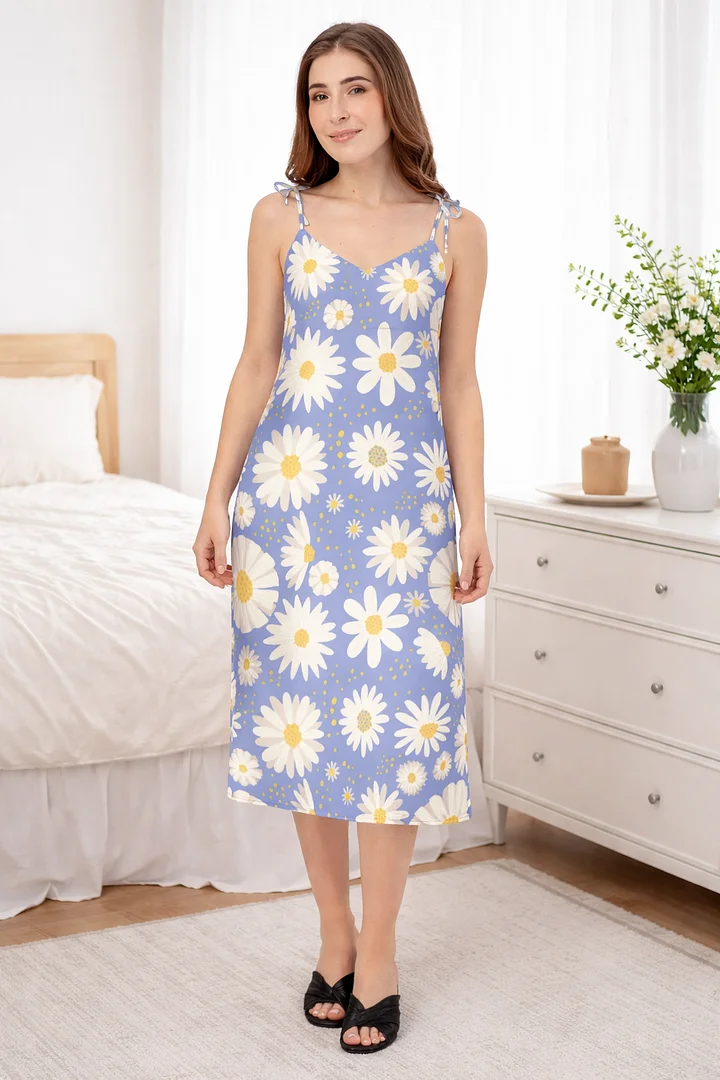 Women’s Floral Sleep Dress – Blue Daisy Print Sleeveless Nightgown Soft Comfortable Nightwear product image (2)