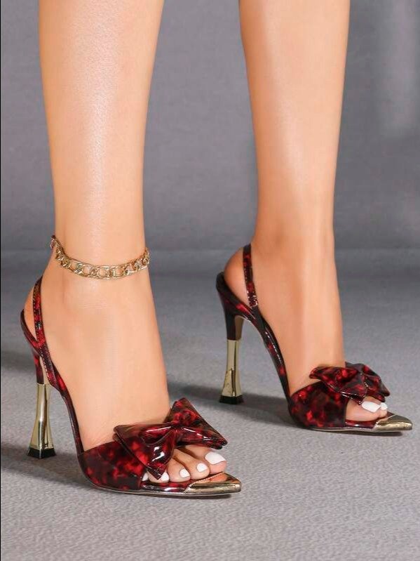 Burgundy Slingback High Heel Sandals | Metallic Bow & Leopard Print | Pyramid Heel | ADLEST product image (4)