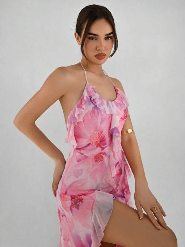 Pink Floral Asymmetrical Backless Spaghetti Strap Dress | Women's Boho High Waist Midi Dress for Summer Vacation, Dates & Night Out | ADLEST product image (3)