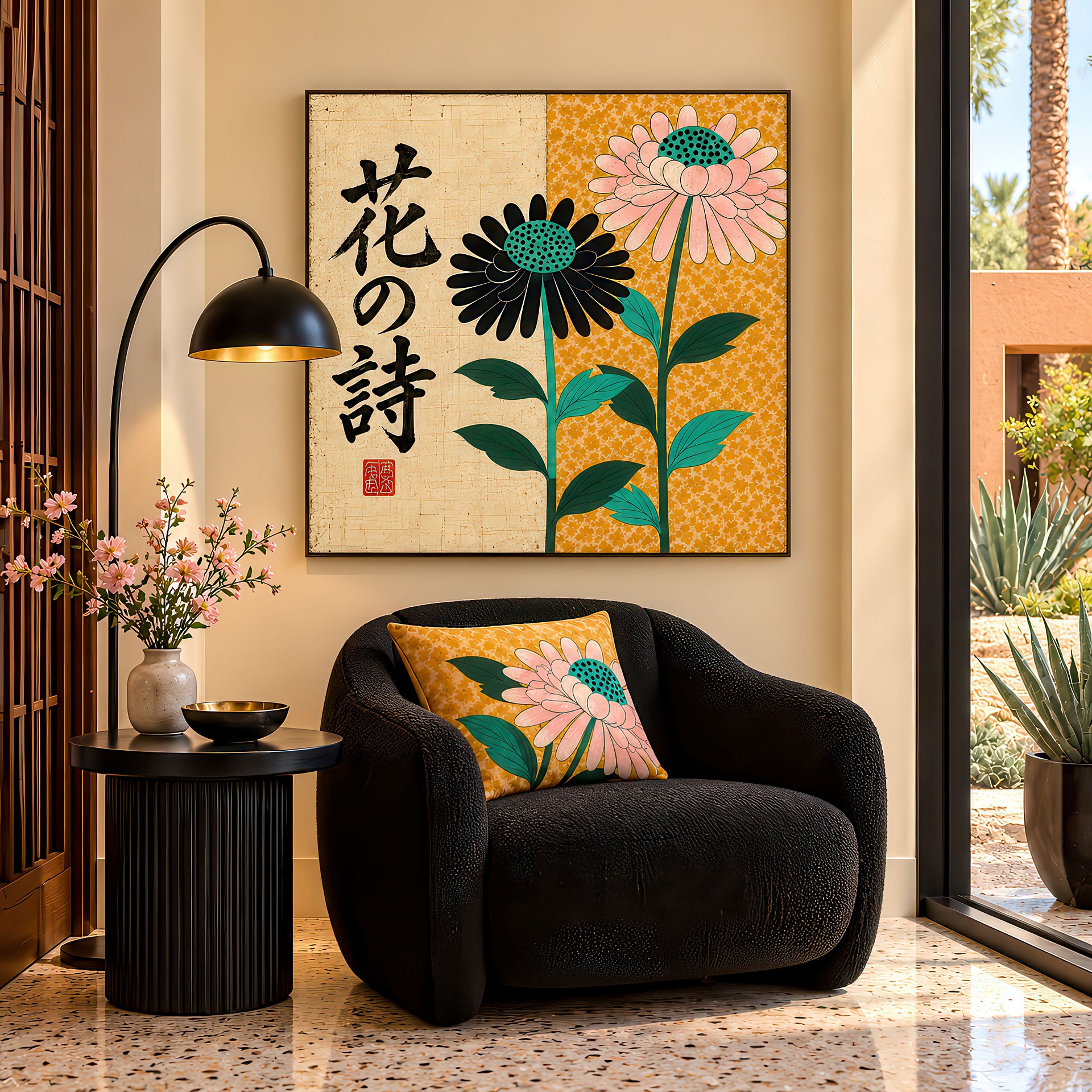 Hana no Uta | Japanese Floral Modernist | Birch Wood Art Panel | Wall Decor | 24×24″ (60x60 cm) product image (6)