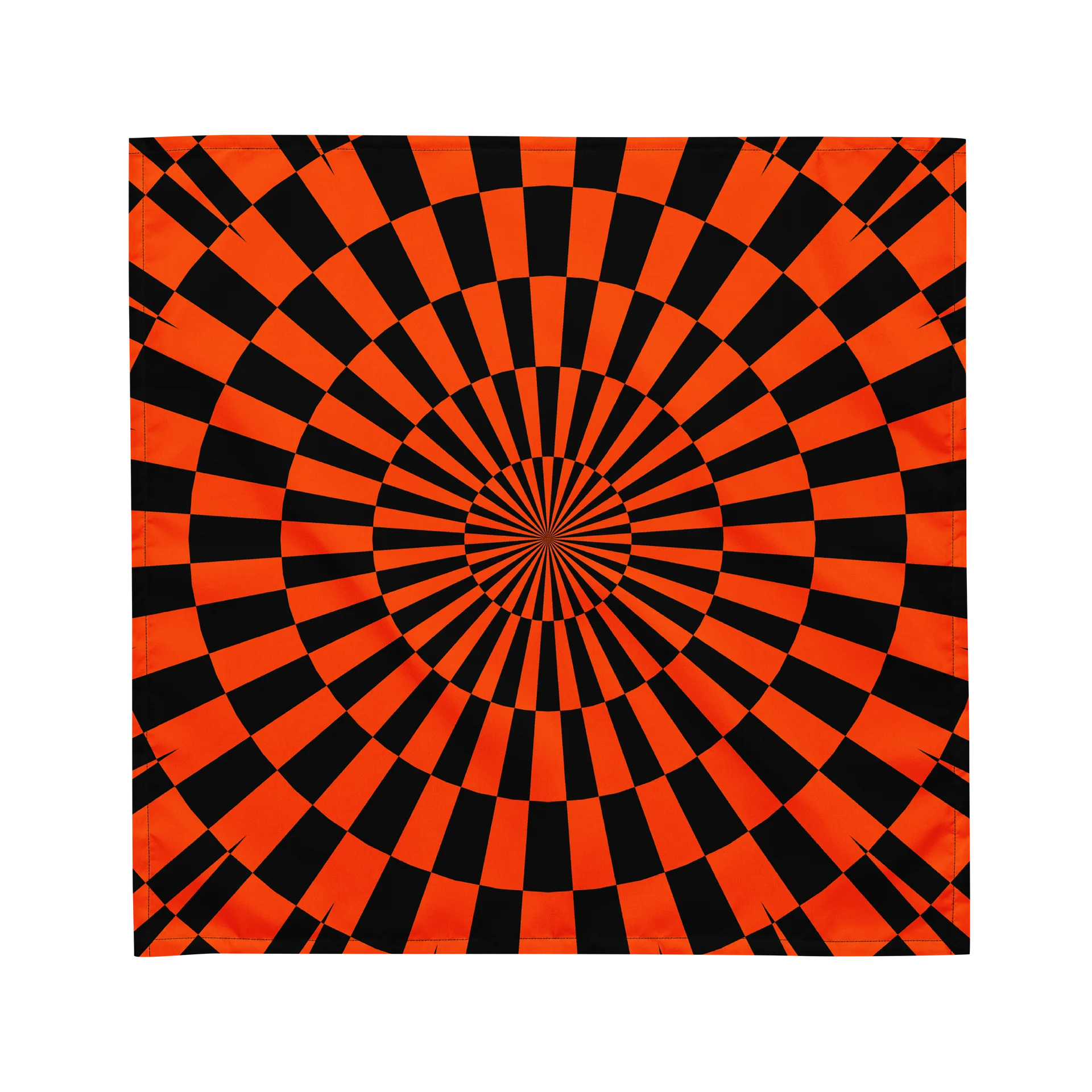 Black Orange Halloween Bandana, Psychedelic Spiral Rave Wear, Checkers Illusion Art Trippy EDM Accessory, Odd Autumn Festival Fashion product image (1)
