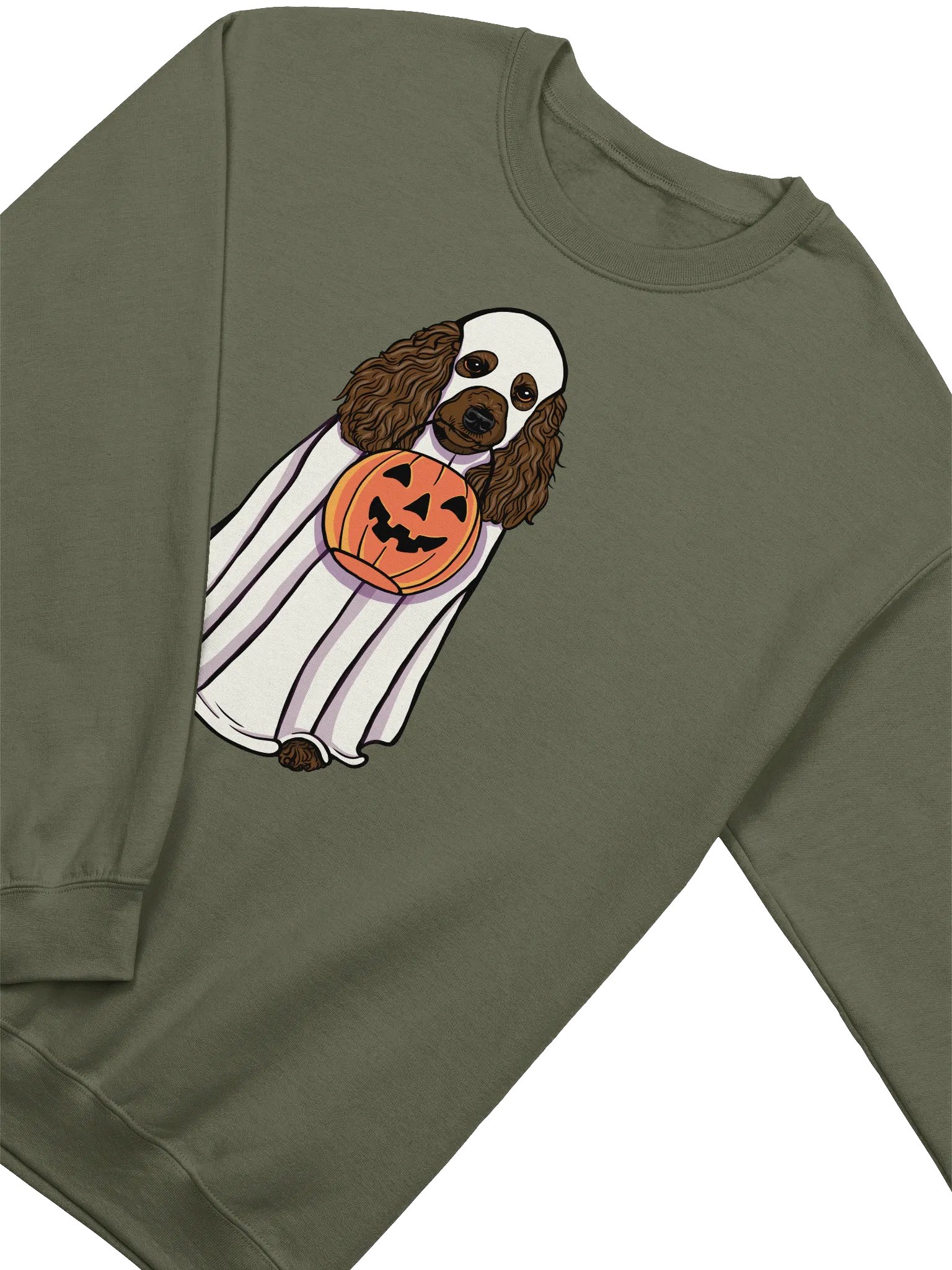 Funny Halloween Poodle(Chocolate) Sweatshirt | Funny Papillon Wearing a Ghost Costume and Holding a Pumpkin Basket product image (4)