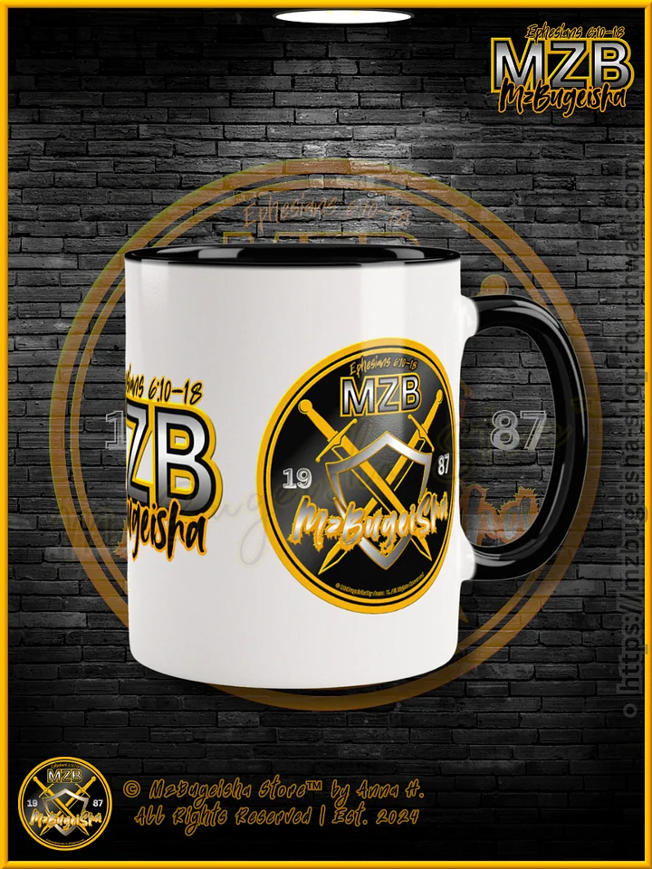 Mug - MzBugeisha™ "Emblem & MZB Tingz™ / MzBugeisha Name Logo [V2] (blk/yellow/slvr)" Hot Beverage Mug with color inside by Anna H. product image (1)