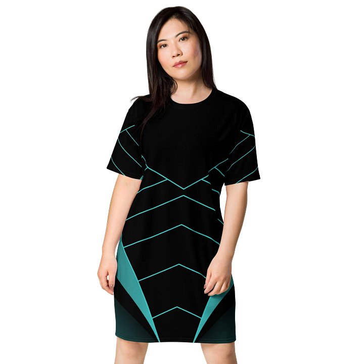 Exclusive Black T-Shirt Dress with Teal Geometric Chevron Design - Oversized Fit product image (1)