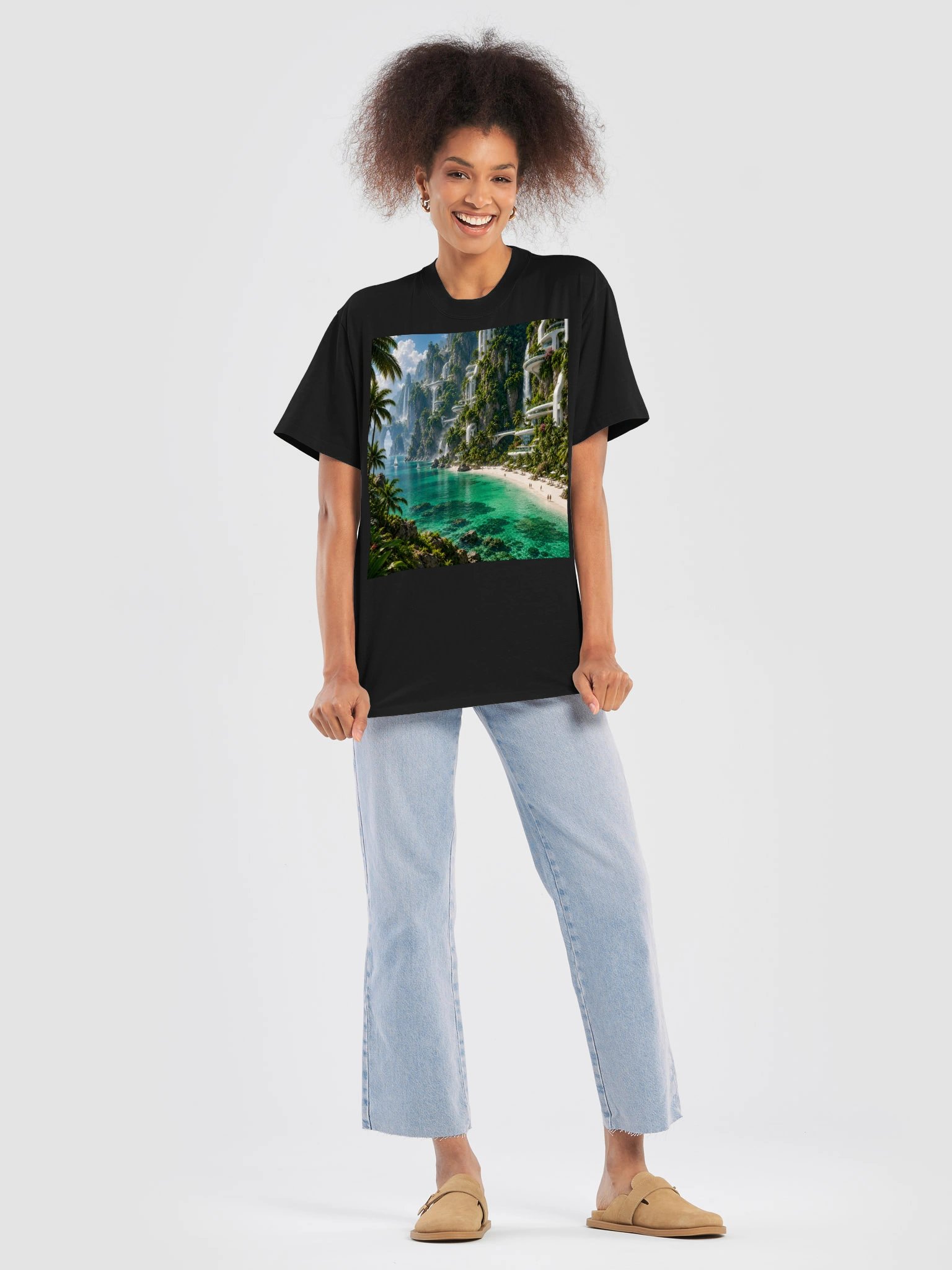 Emerald Tropical Paradise T-Shirt | Futuristic Beach & Ocean Art | Unisex Oversized Tee product image (8)