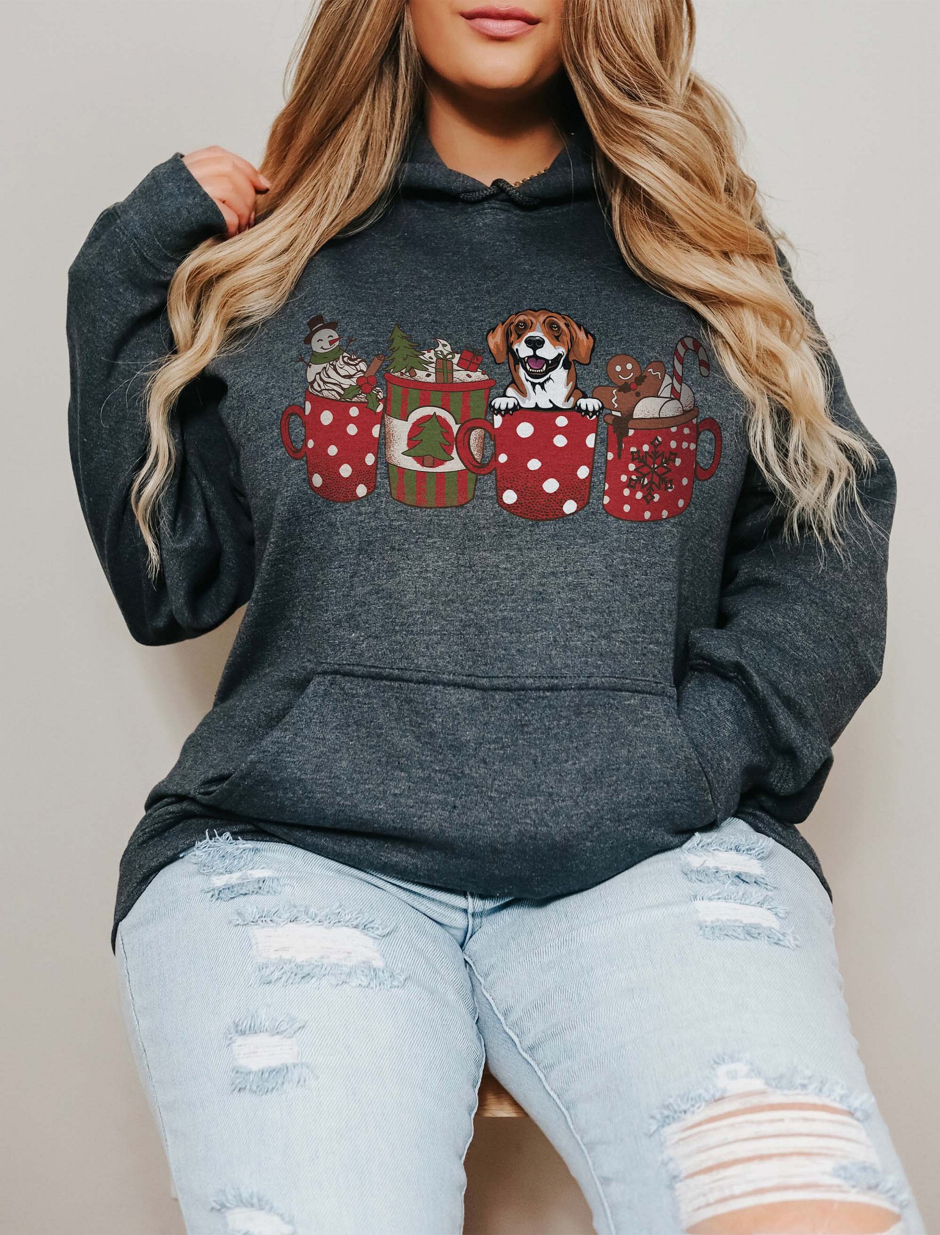 Cute Beagle in a Christmas Cup Hooded Sweatshirt | Funny Christmas Pup in a Cup product image (1)