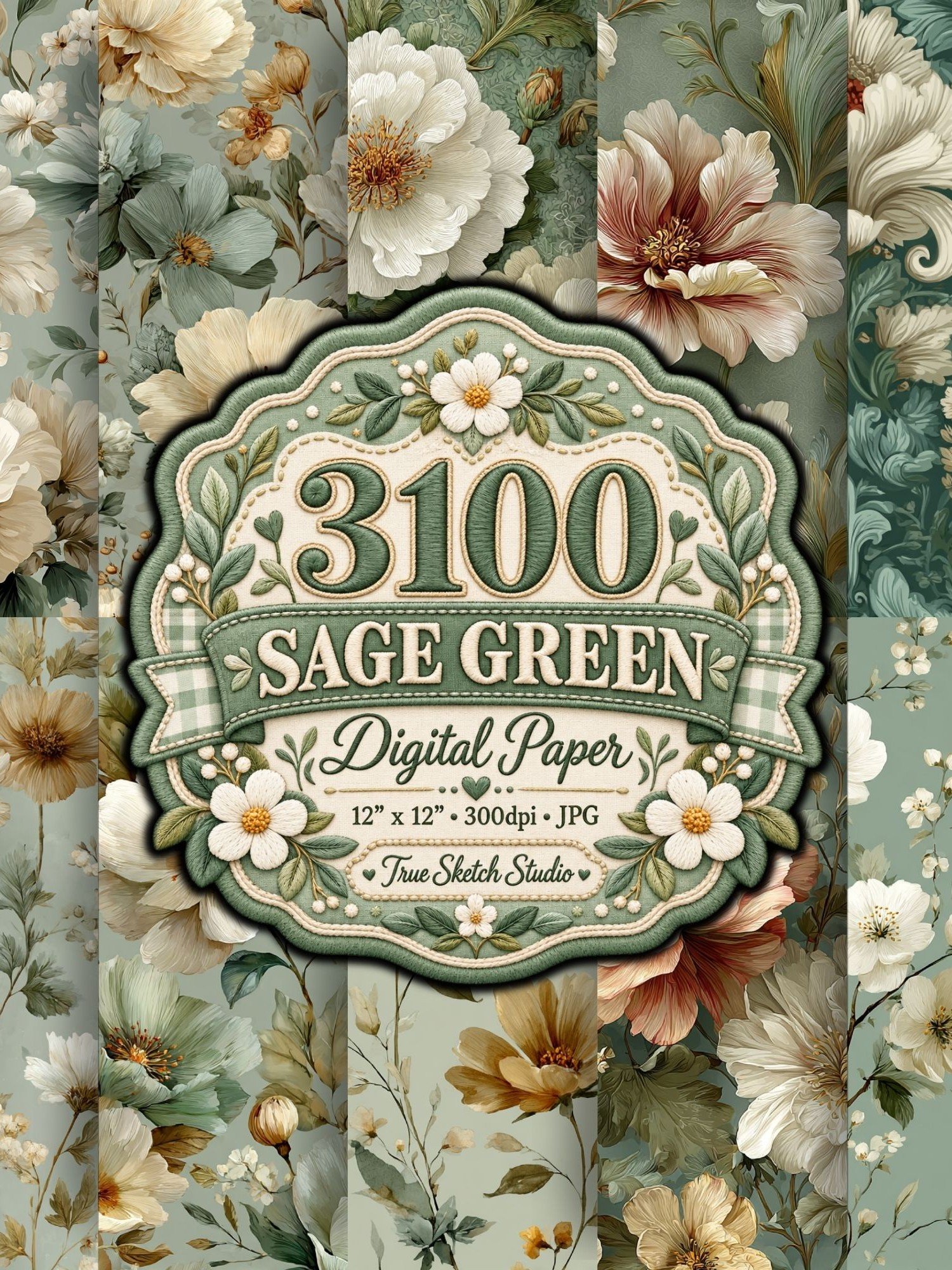3100 Sage Green Digital Paper Bundle, Floral Botanical Scrapbook Paper, Daisy Gingham Designs, 12x12 JPG, Printable Junk Journal Backgrounds product image (4)