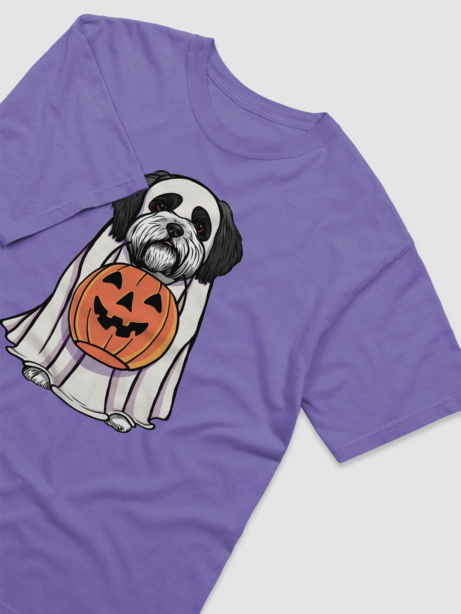 Funny Halloween Shih Tzu(Black & White) T-Shirt | Funny Dog Wearing a Ghost Costume and Holding a Pumpkin Basket product image (6)