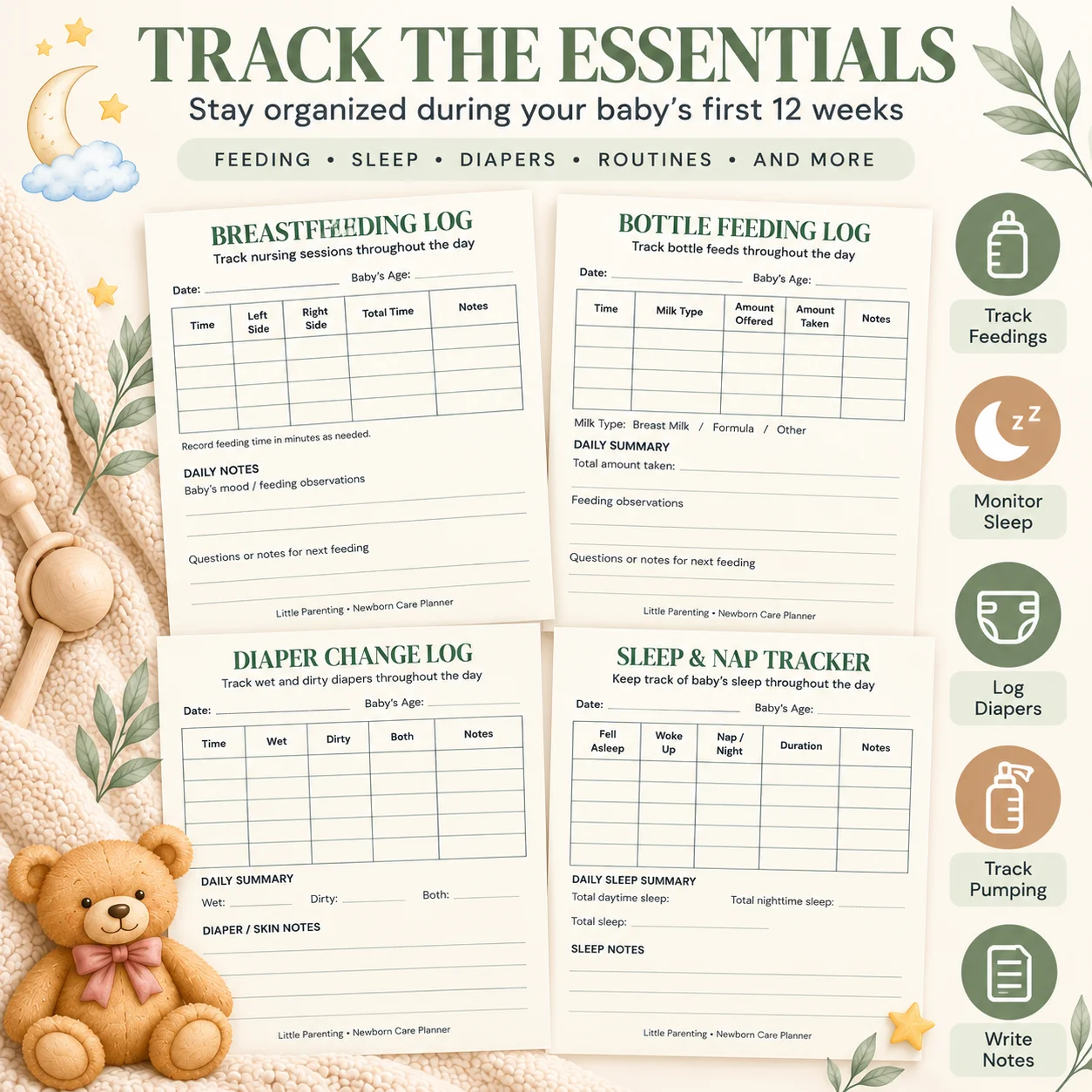 Newborn Care Planner & Baby Tracker Printable | First 12 Weeks product image (4)