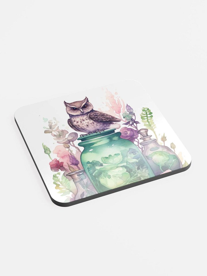 Glossed Cork Coaster 🦉 Peaceful Green with a Hint of Pink - Owls Vibes - Motif 1 product image (2)