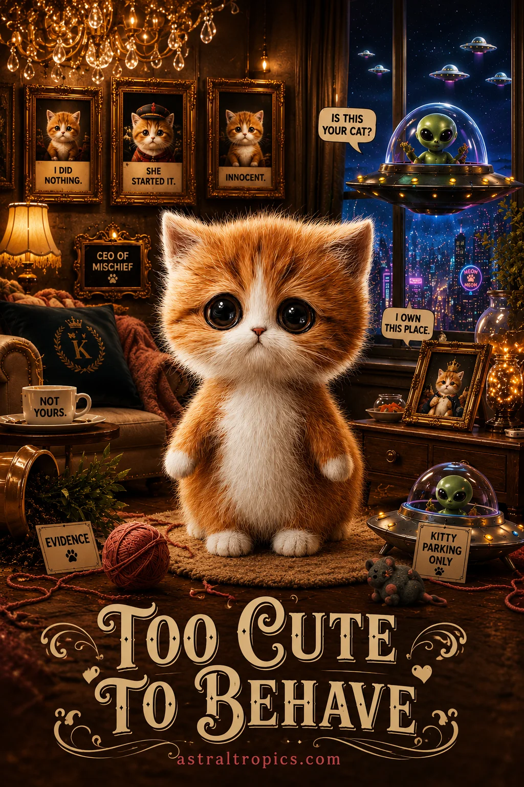 Too Cute to Behave Kitten Poster, Whimsical Cat Wall Art, Funny Cute Animal Room Decor Gift product image (1)
