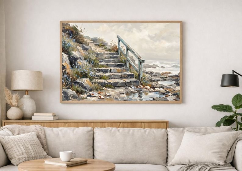 Rare Watercolor Coastal Wall Art Bundle of 3 – Stone Steps to Shoreline, Herons Wading in Marshland & Crab Traps on Wooden Dock, Fine Detail Nautical Print product image (2)