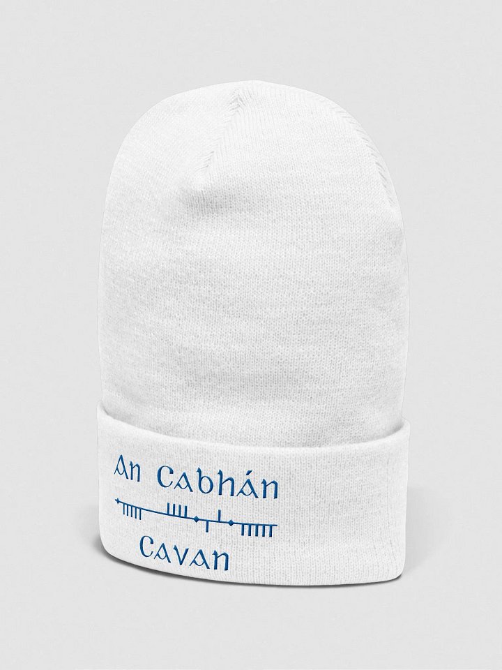 Cavan/An Cabhán, White with Blue, Scholastic Style Ogham embroidered Cuffed Beanie product image (2)