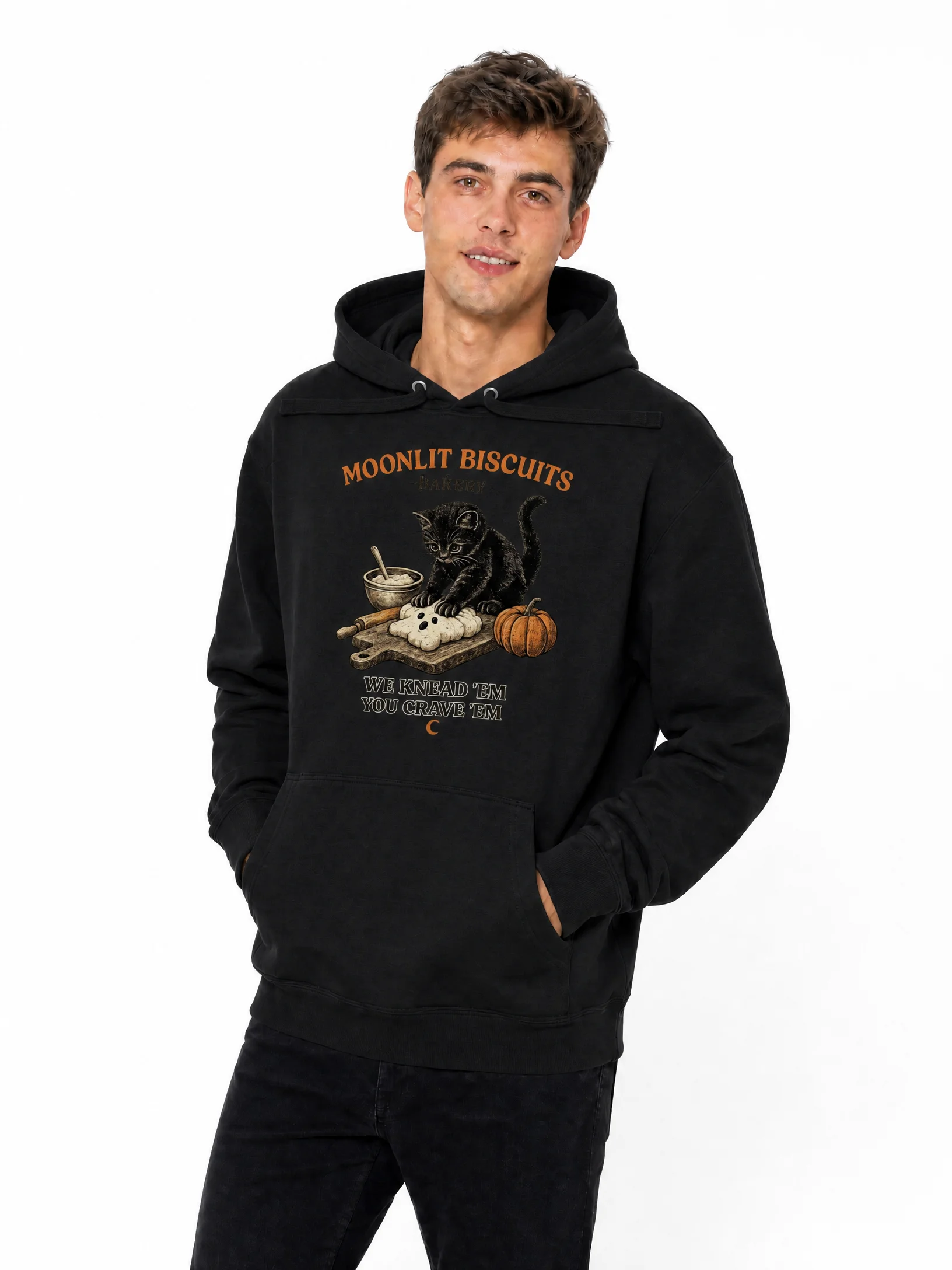 Moonlit Biscuits Black Cat Bakery Graphic Hoodie | Spooky Autumn Cat Sweatshirt product image (3)