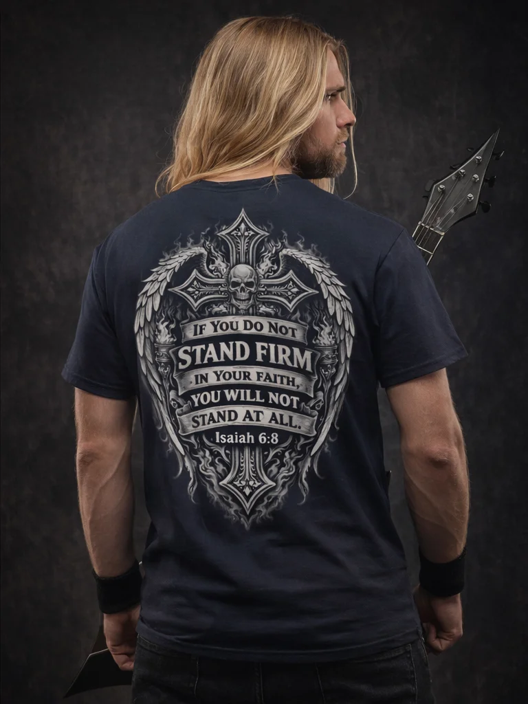 Stand Firm in Your Faith Christian Rock T-Shirt – Isaiah 7:9 Scripture Graphic Tee for Men – Faith Warrior Heavy Metal Christian Shirt product image (7)